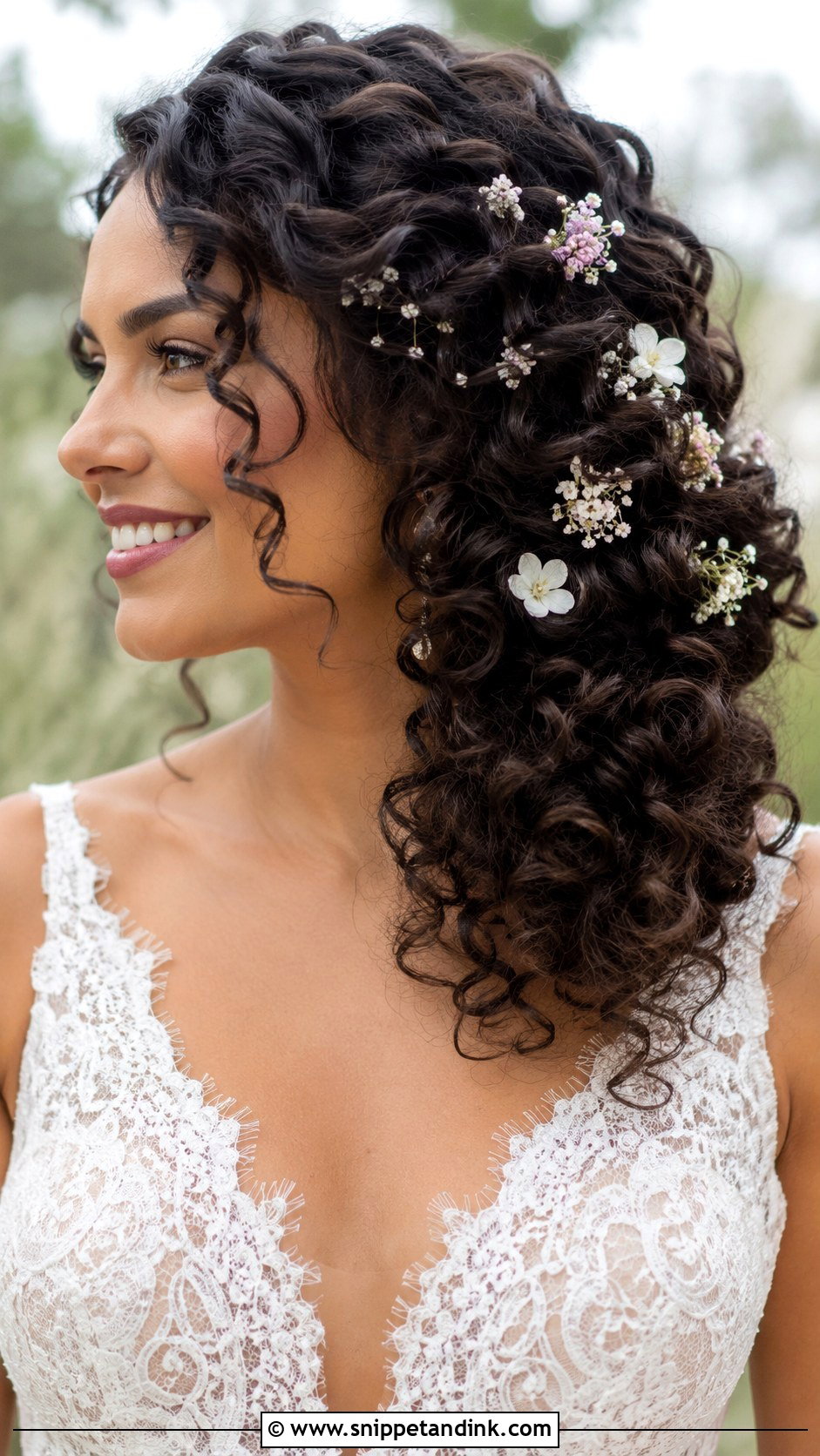 Curly Hair With Floral Pins - Snippet and Ink - 30 Boho Bridal Hair Ideas