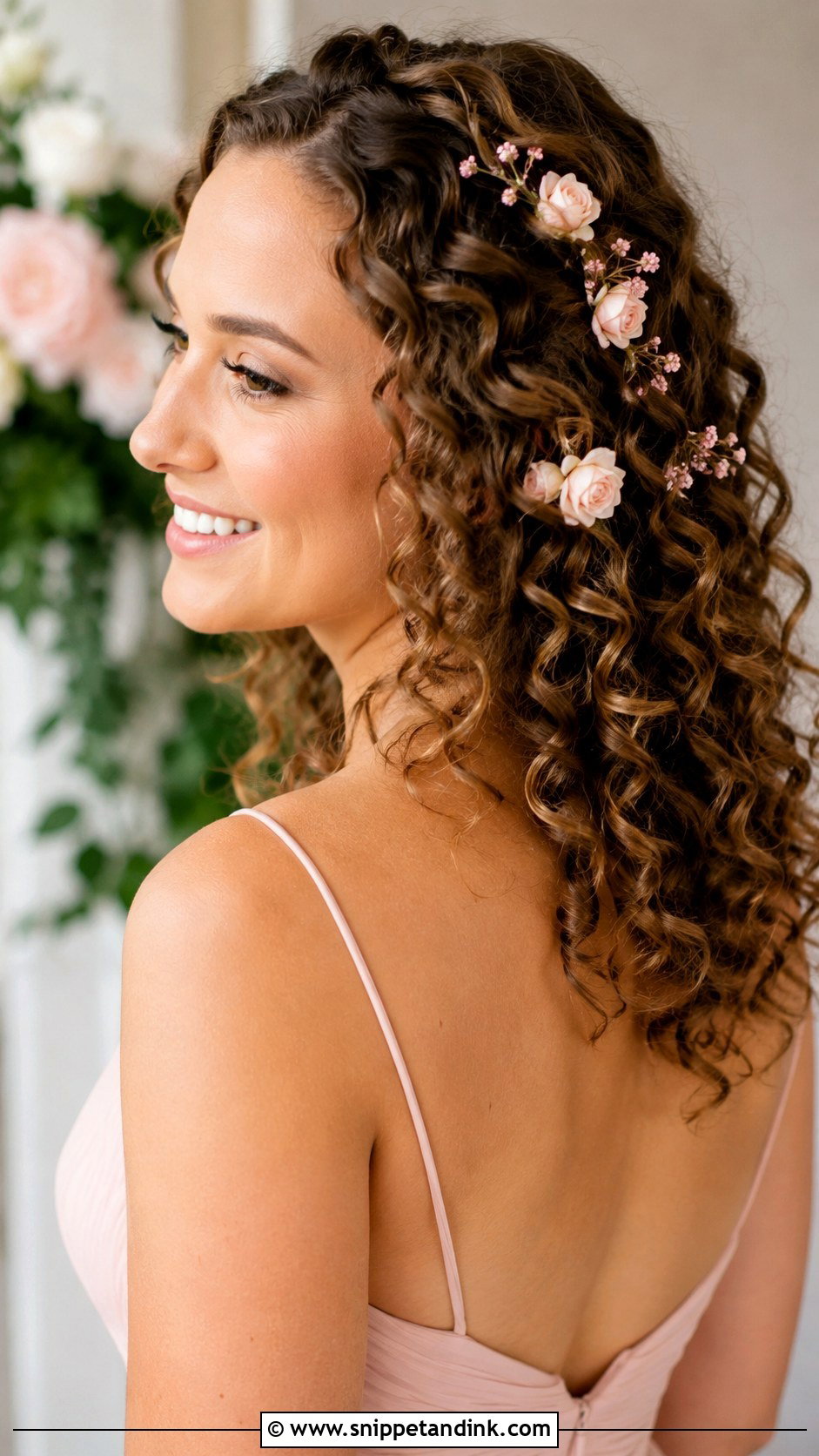 Curly Hair With Floral Pins Bridesmaid - Snippet and Ink - 20 Curly Hairstyles for Wedding Bridesmaid