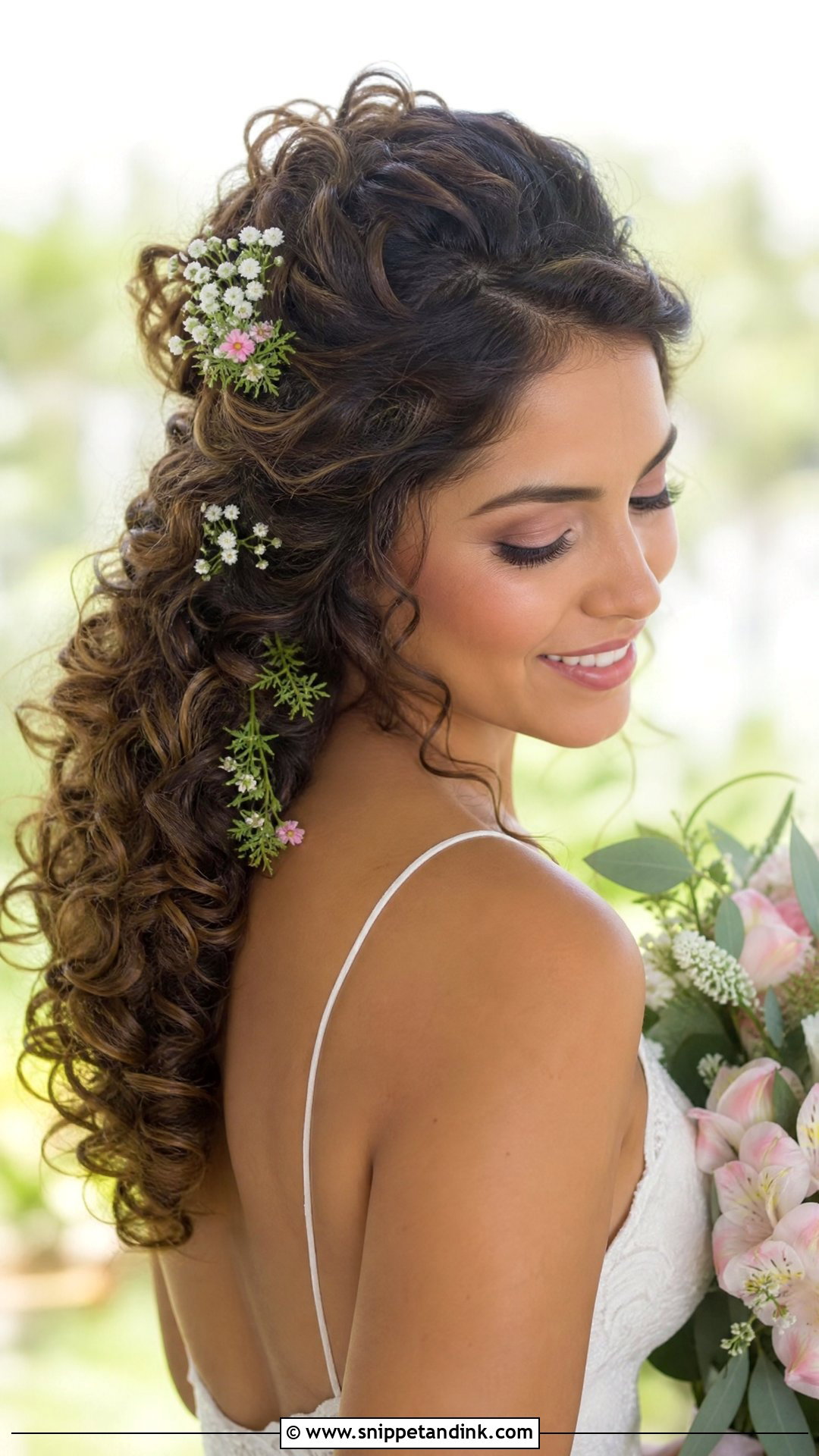 Curly Hair With Floral Pins Wedding Style - Snippet and Ink - 20 Long Curly Hair Wedding Styles