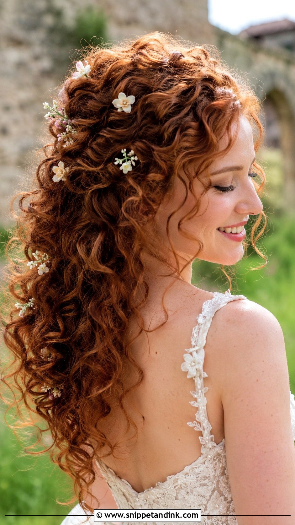 Curly Hair With Floral Pins - Snippet and Ink - 20 Bridal Hair Down with Headpiece Ideas
