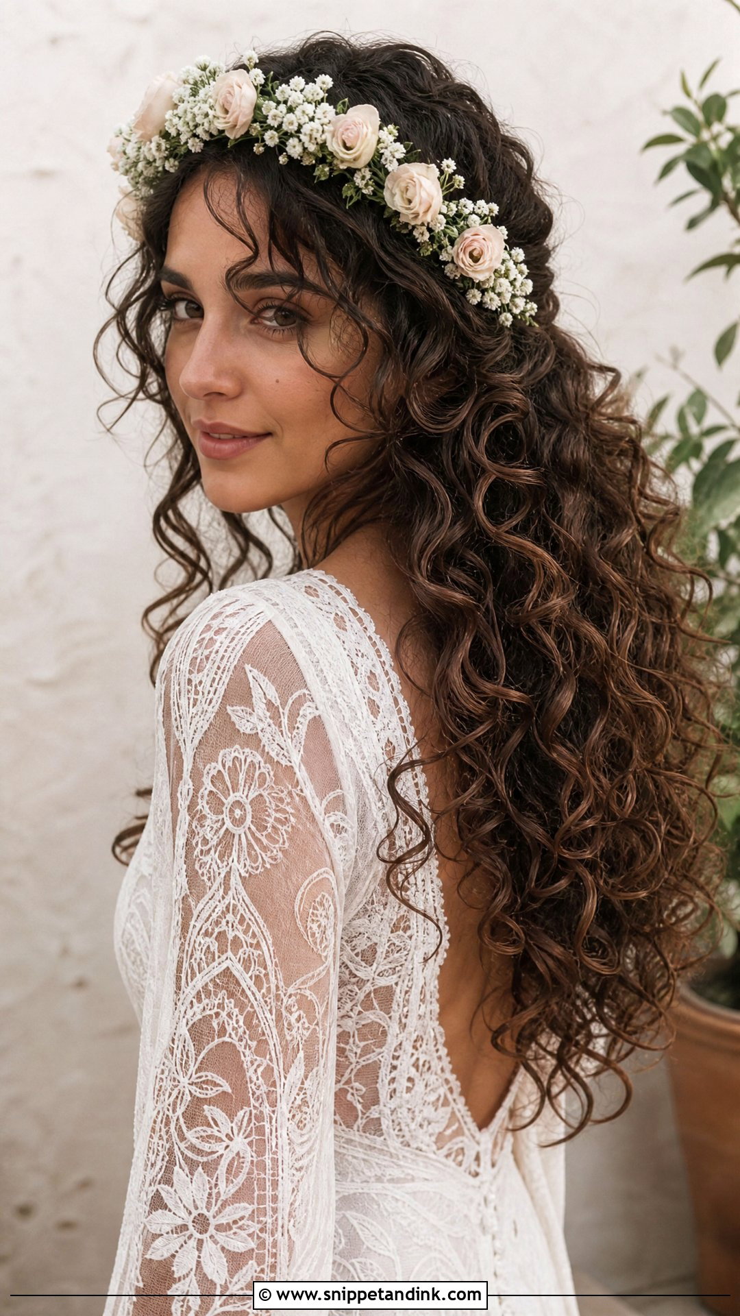 Curly Hair With Flower Crown - Snippet and Ink - 20 Curly Hair Bride Wedding Day Ideas