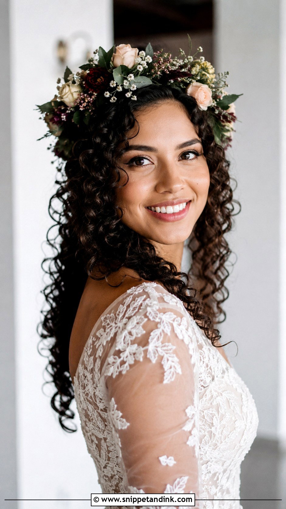 Curly Hair With Flower Crown - Snippet and Ink - 25 Curly Hair for Wedding Ideas