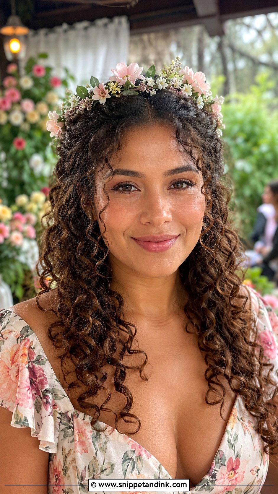 Curly Hair With Flower Crown - Snippet and Ink - 25 Curly Hair Wedding Guest Hairstyles