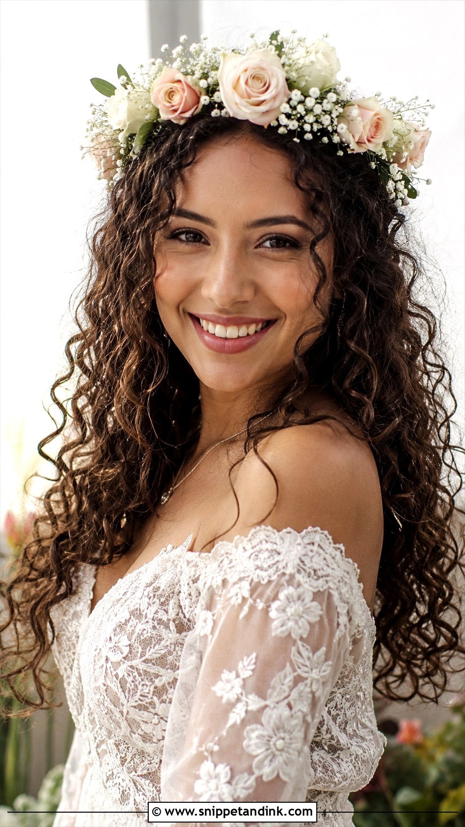 Curly Hair With Flower Crown Wedding Hairstyle - Snippet and Ink - 20 Natural Curly Hairstyles for Wedding