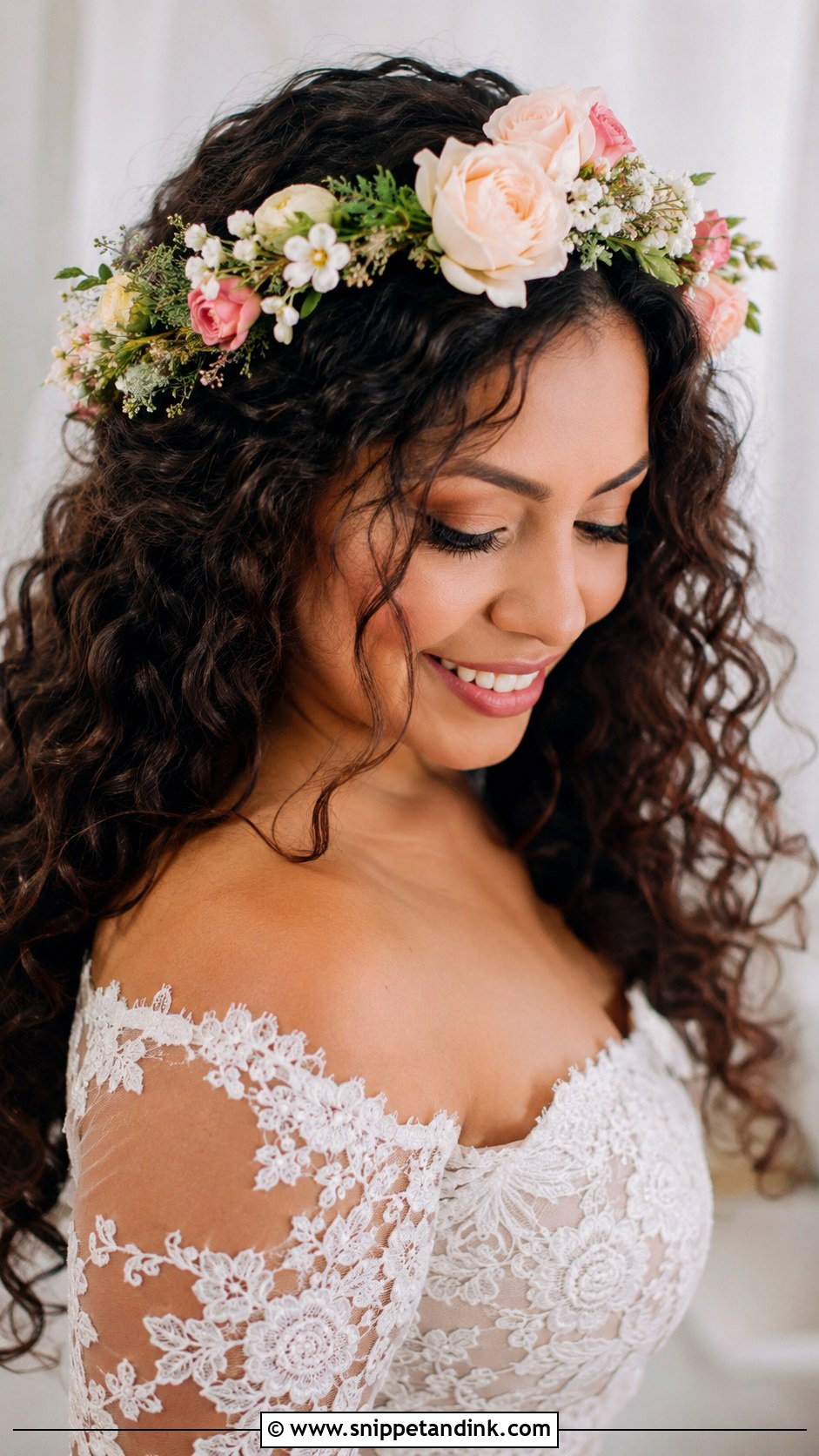 Curly Hair With Flower Crown for Wedding - Snippet and Ink - 25 Curly Hairstyle for Wedding Ideas