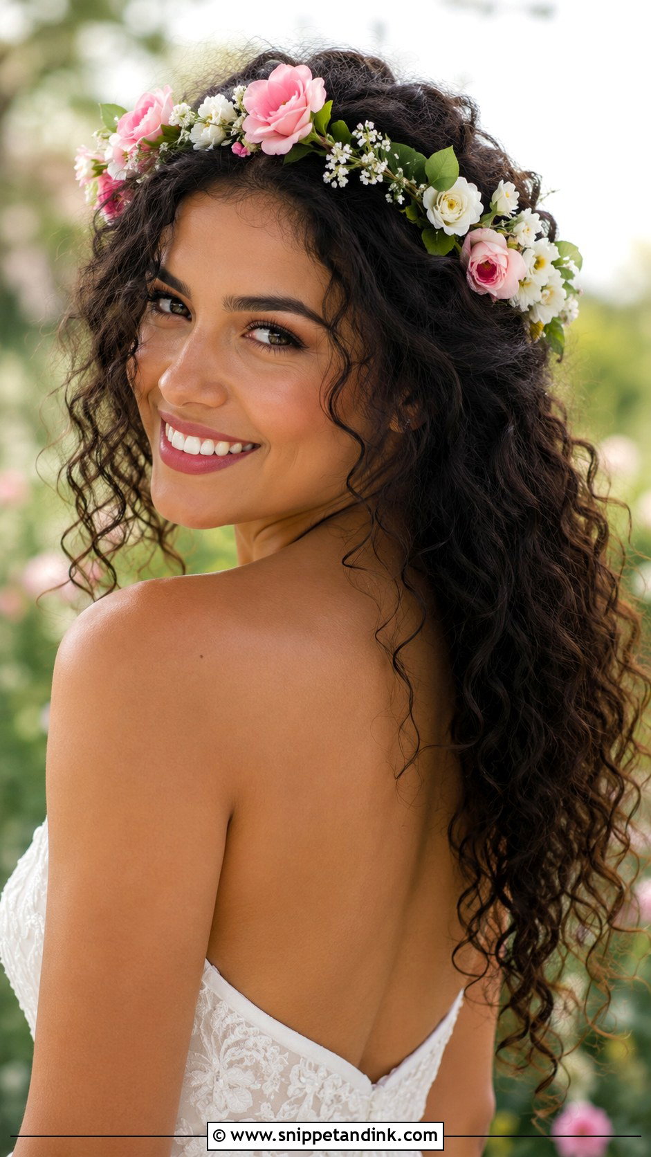 Curly Hair With Flower Crown - Snippet and Ink - 20 Bride with Curly Hair Ideas