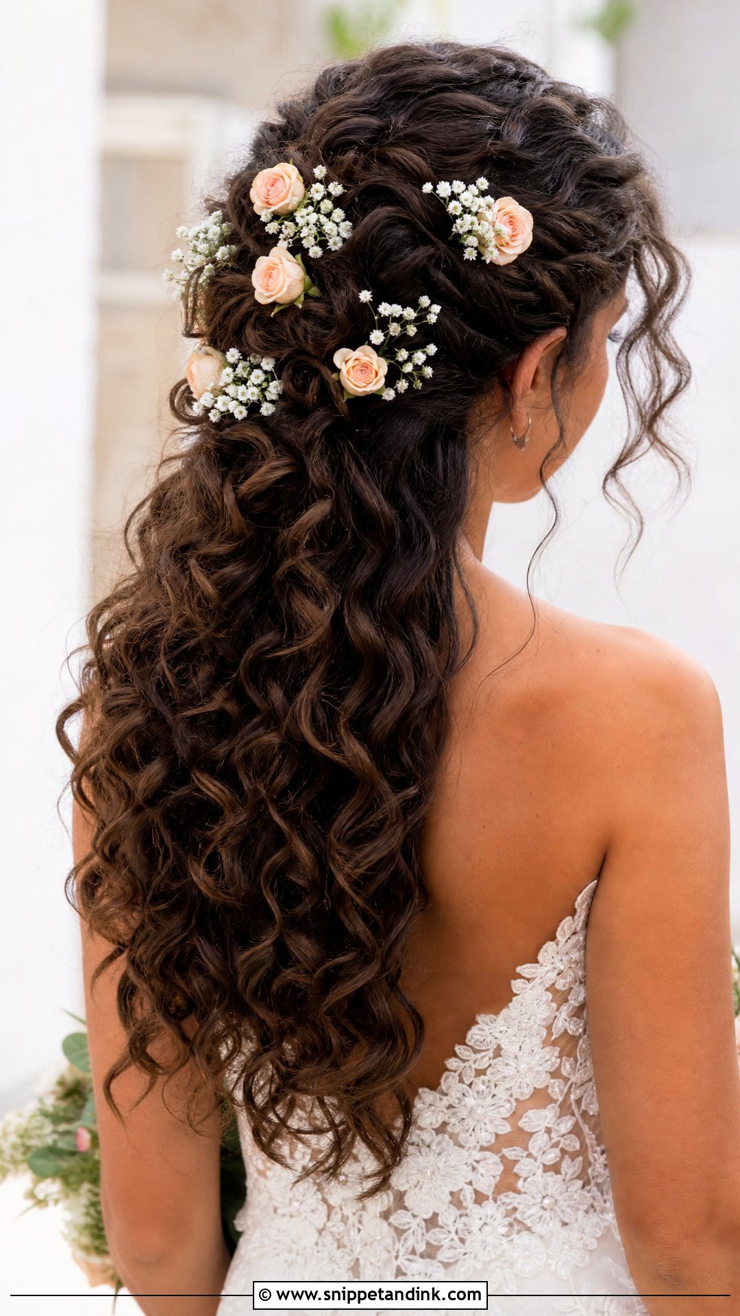 Curly Hair With Fresh Flowers Woven In - Snippet and Ink - 20 Curly Hair Bride Wedding Day Ideas