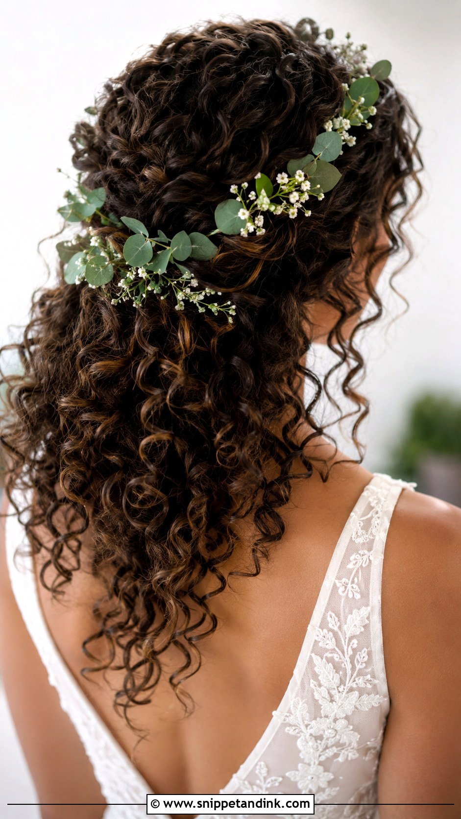 Curly Hair With Greenery Accents - Snippet and Ink - 30 Naturally Curly Bridal Hair Ideas