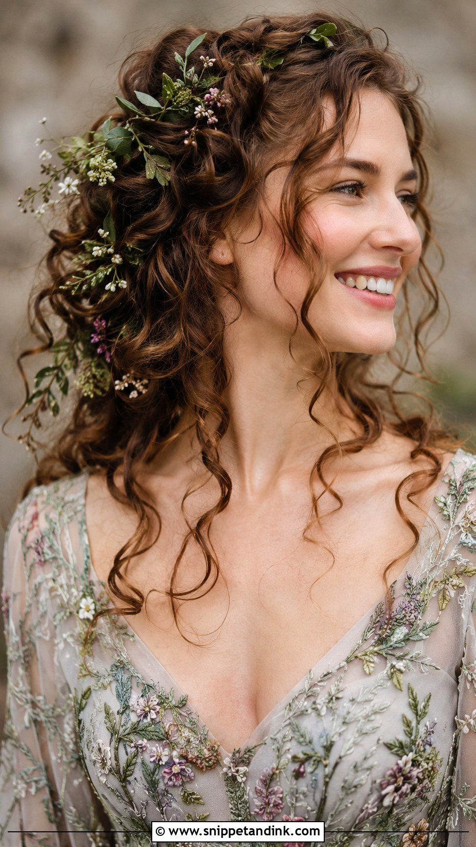 Curly Hair With Greenery And Flowers - Snippet and Ink - 25 Natural Curls Wedding Hair