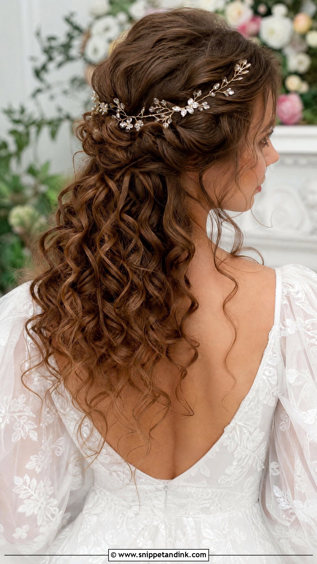Curly Hair With Hair Vine Accessory - Snippet and Ink - 20 Long Curly Hair Wedding Styles