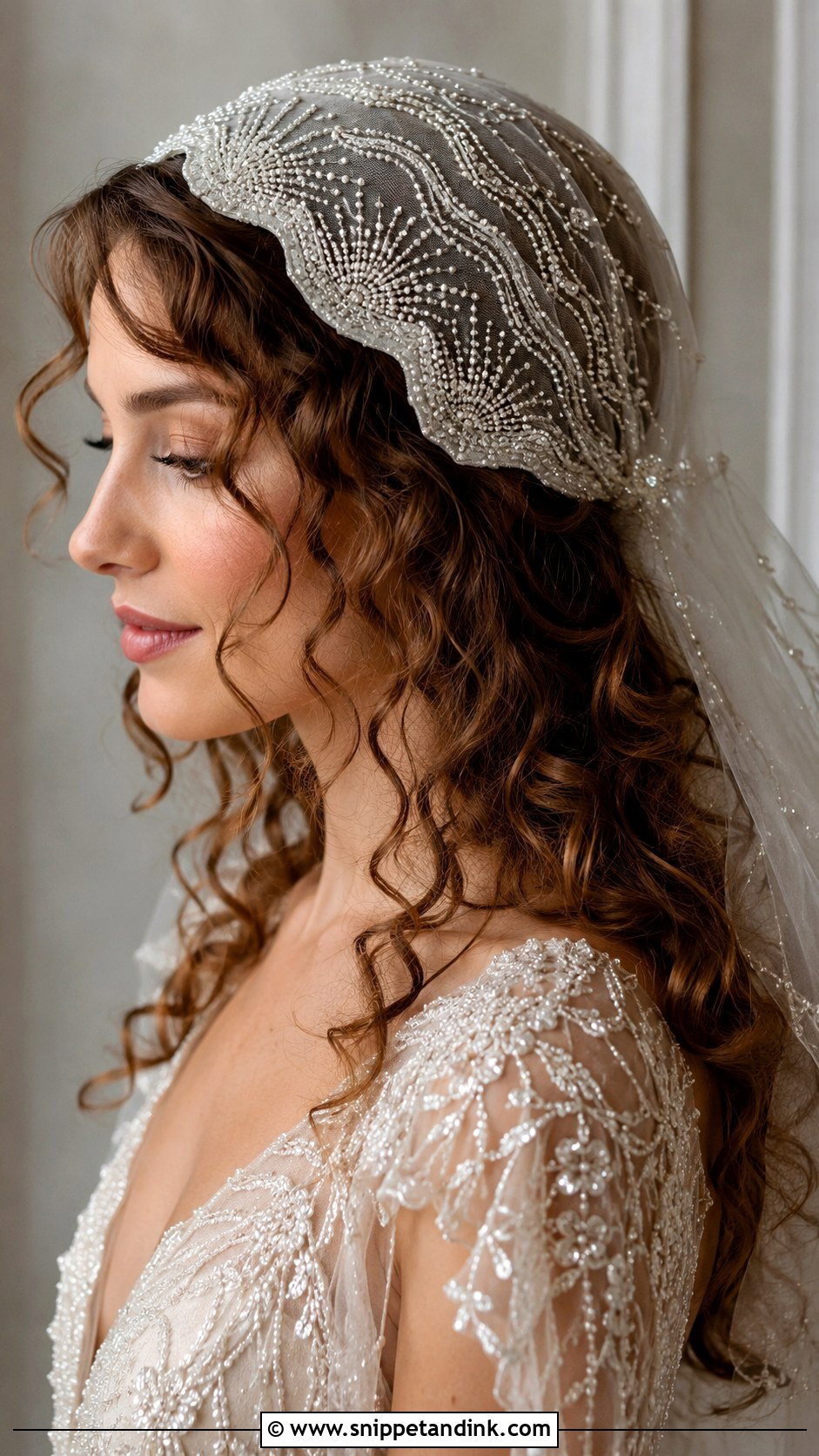Curly Hair With Juliet Cap Veil - Snippet and Ink - 20 Curly Hair with Veil Ideas