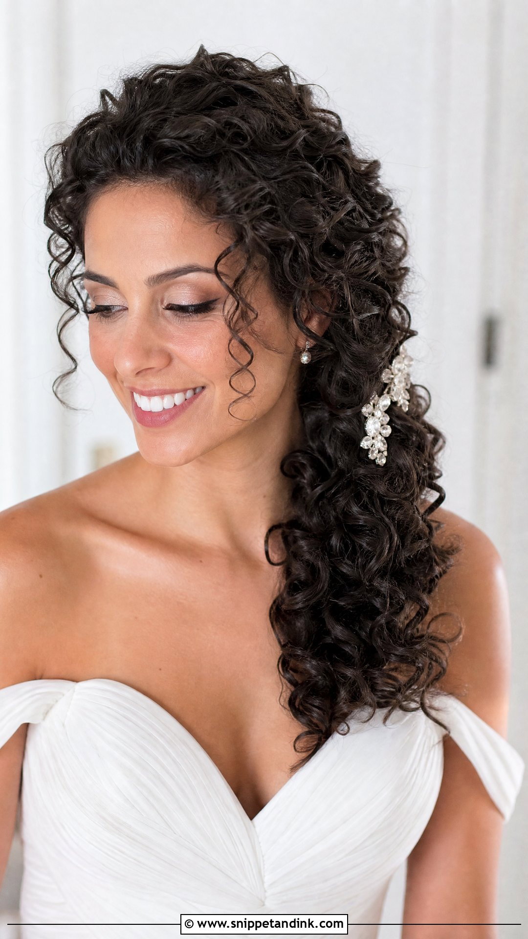 Curly Hair With Low Side Sweep - Snippet and Ink - 20 Bridal Hair Curly Down Ideas
