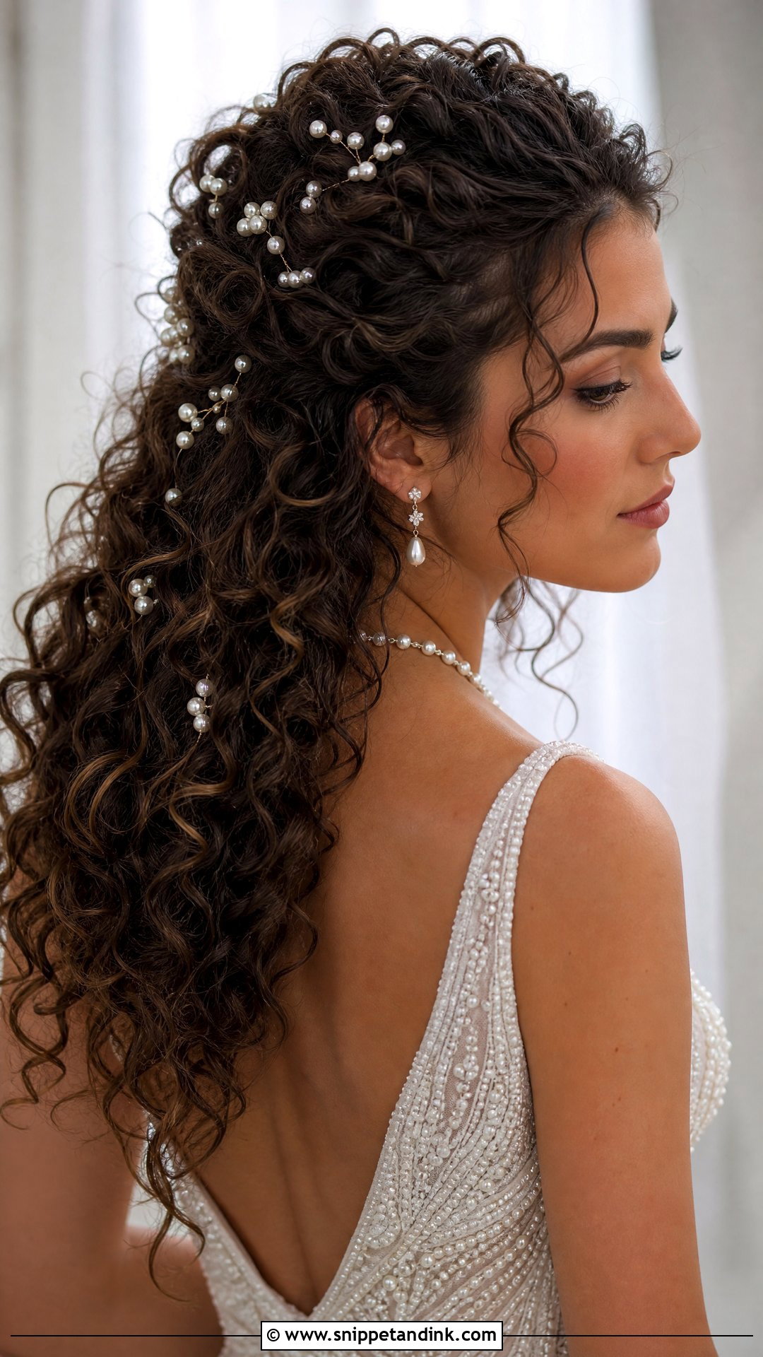 Curly Hair With Pearl Hair Accessories - Snippet and Ink - 20 Curly Hair Bride Wedding Day Ideas