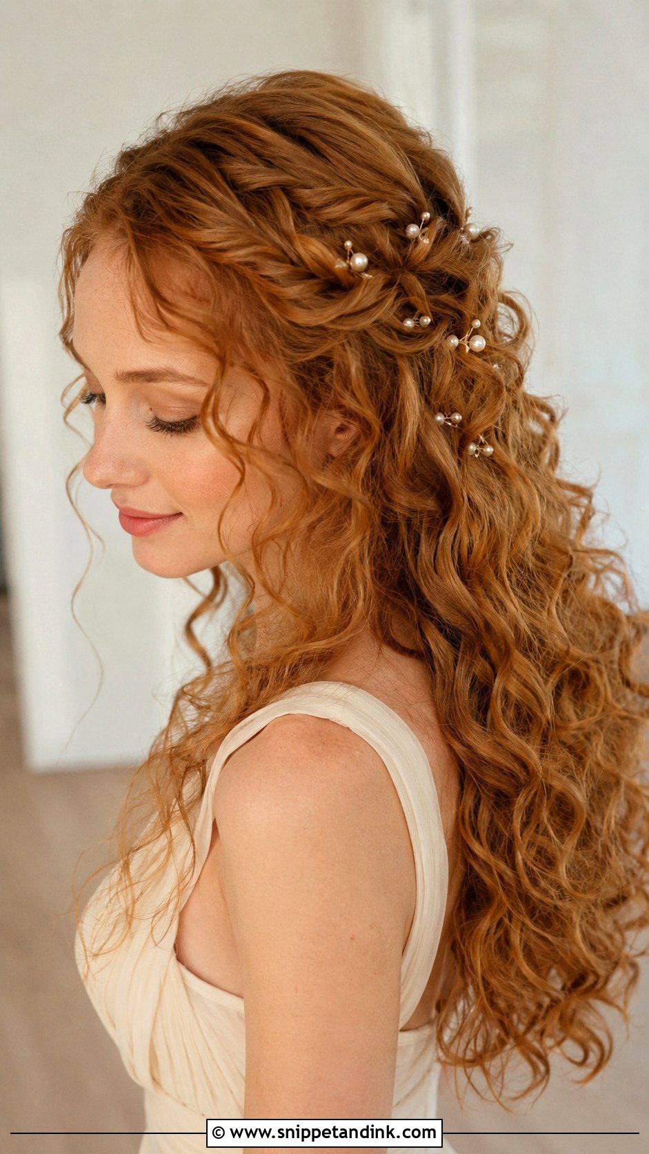 Curly Hair With Pearl Pins - Snippet and Ink - 25 Curly Hair Bridesmaid Styles