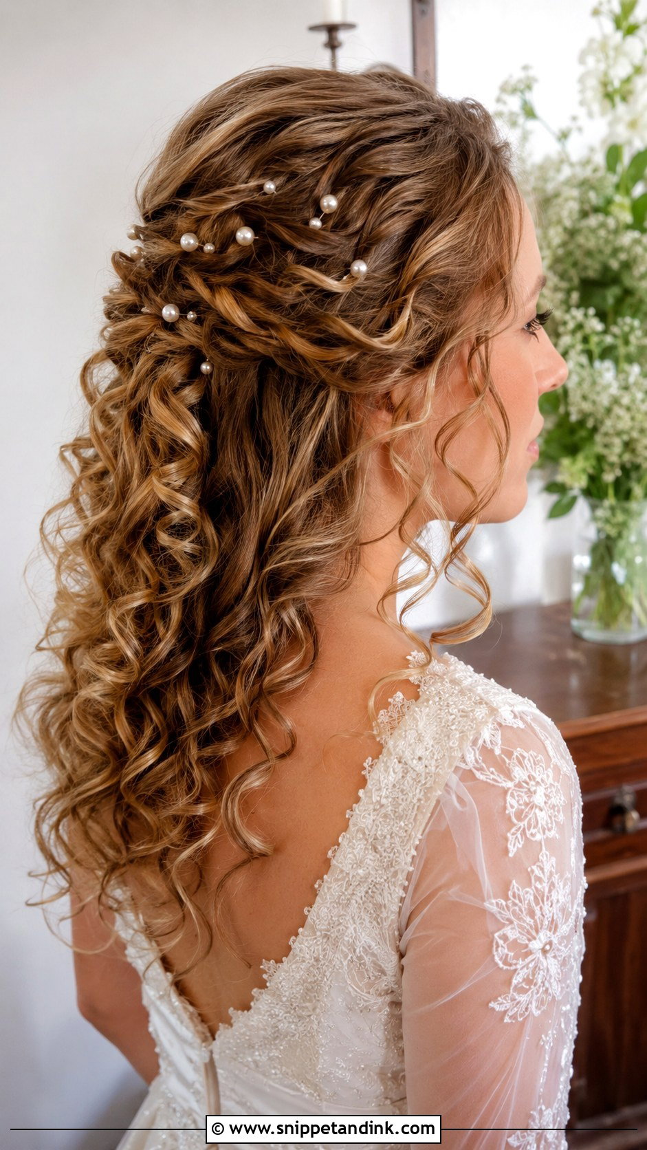 Curly Hair With Pearl Pins Wedding Hairstyle - Snippet and Ink - 20 Curly Hairstyles for Medium Hair Wedding