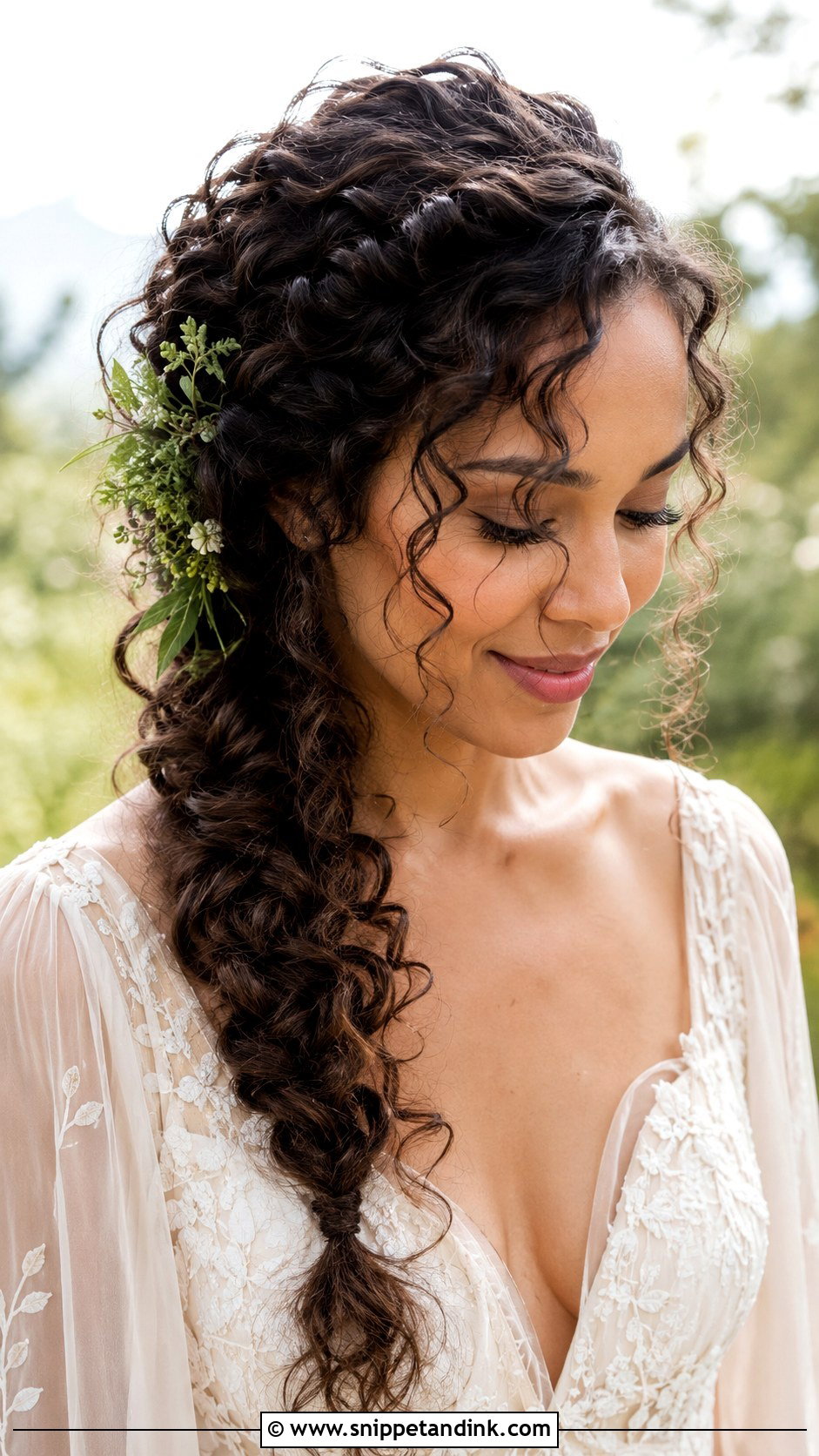 Curly Hair With Side Braid - Snippet and Ink - 30 Naturally Curly Bridal Hair Ideas
