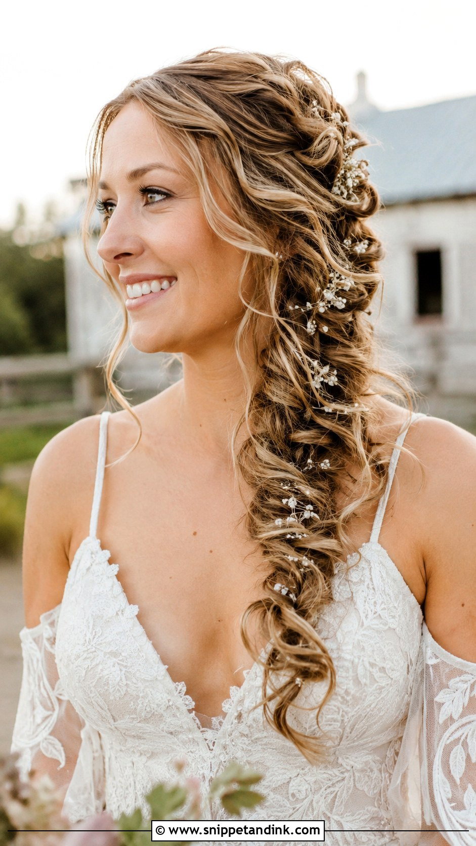 Curly Hair With Side Braid Wedding Hairstyle - Snippet and Ink - 20 Simple Curly Wedding Hairstyles