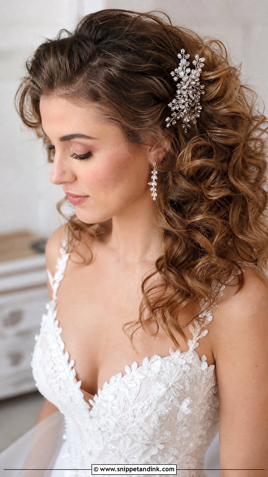 Curly Hair With Sparkly Hair Comb - Snippet and Ink - 20 Bridal Hair Curly Down Ideas