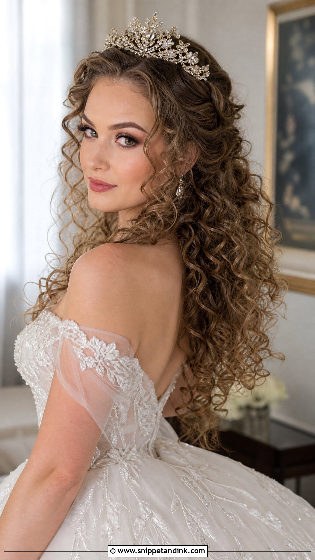 Curly Hair With Tiara Wedding Hairstyle - Snippet and Ink - 20 Natural Curls Wedding Curly Hairstyles