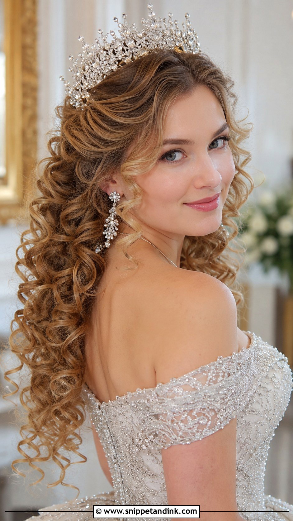 Curly Hair With Tiara Wedding Look - Snippet and Ink - 30 Curls Hairstyles for Wedding