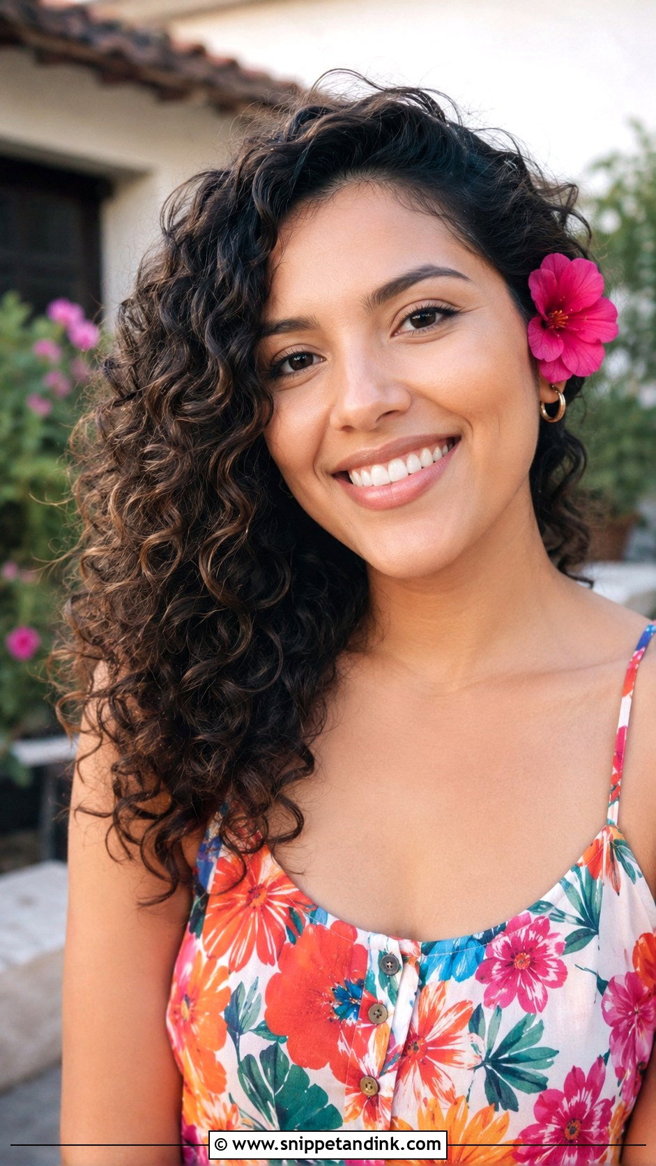 Curly Hair With a Side Flower Accent - Snippet and Ink - 25 Wedding Guest Hair Down Ideas