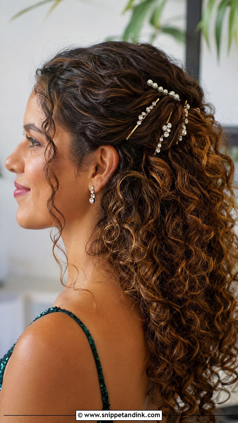 Curly Hair with Embellished Pins for Wedding Guest - Snippet and Ink - 25 Curly Hair Hairstyles for Wedding Guest