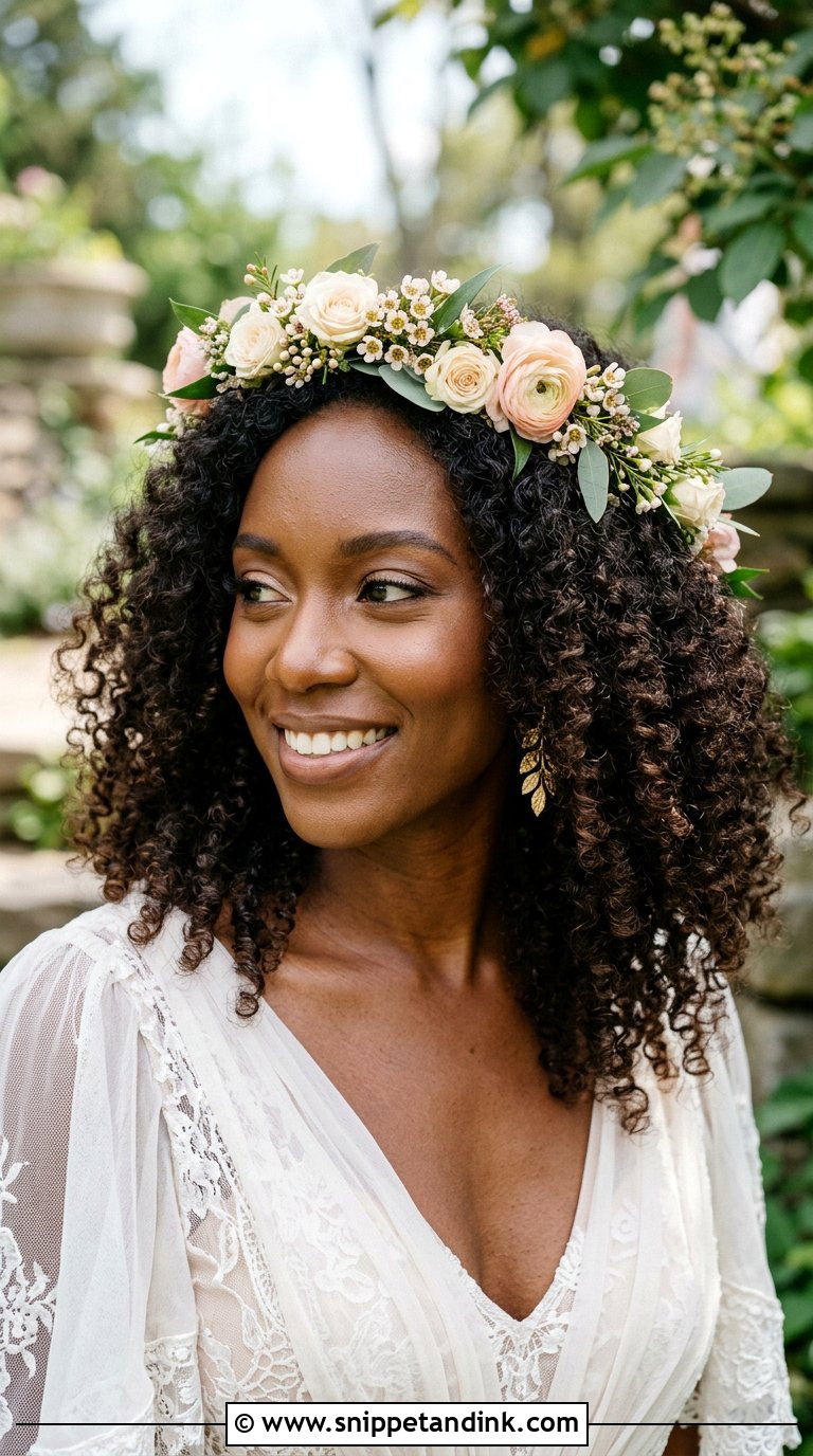Curly Hair with Floral Crown - Snippet and Ink - 20 Bridal Hair with Crown Ideas