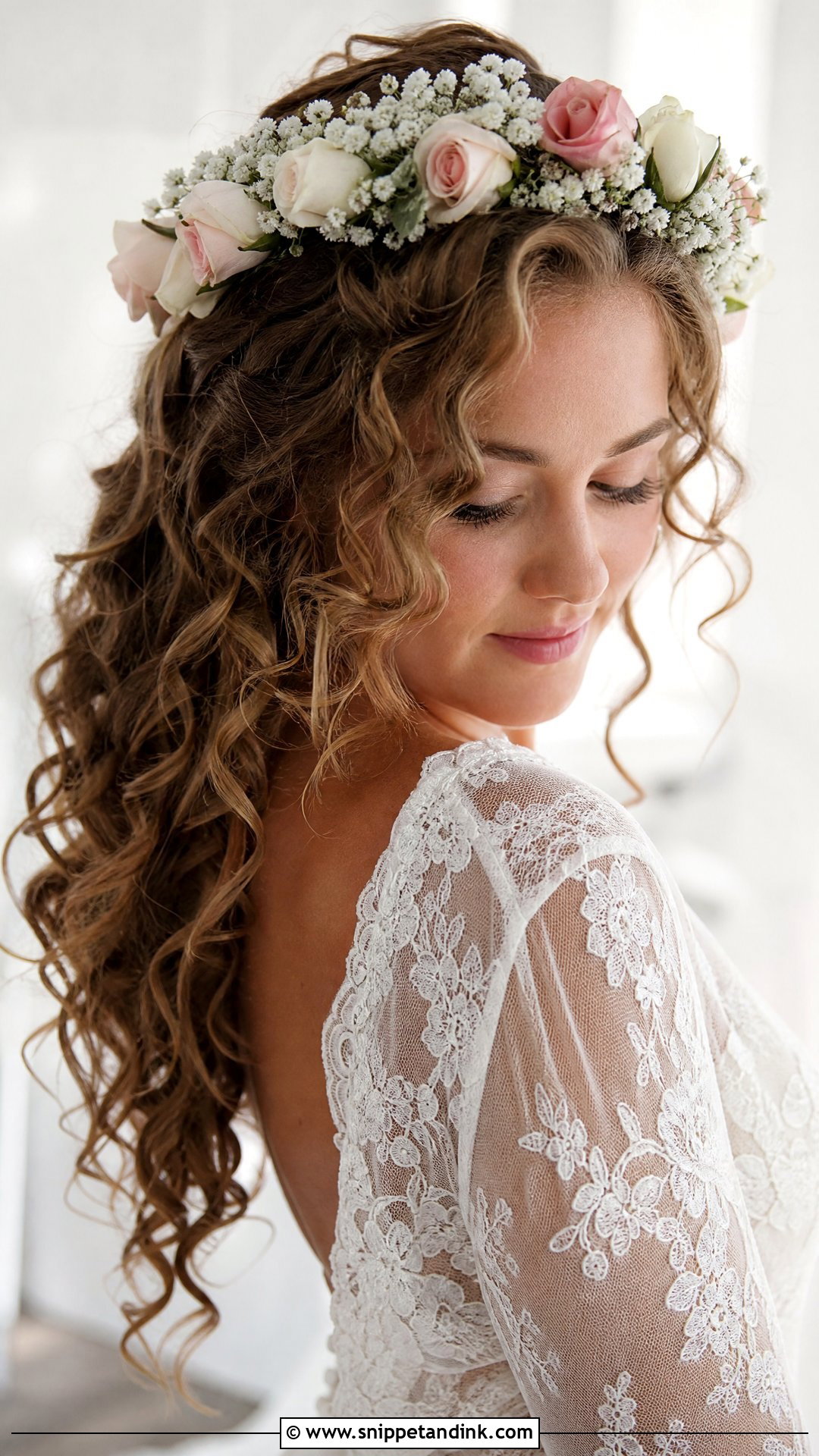 Curly Hair with Flower Crown - Snippet and Ink - 20 Curly Wedding Hairstyle Ideas