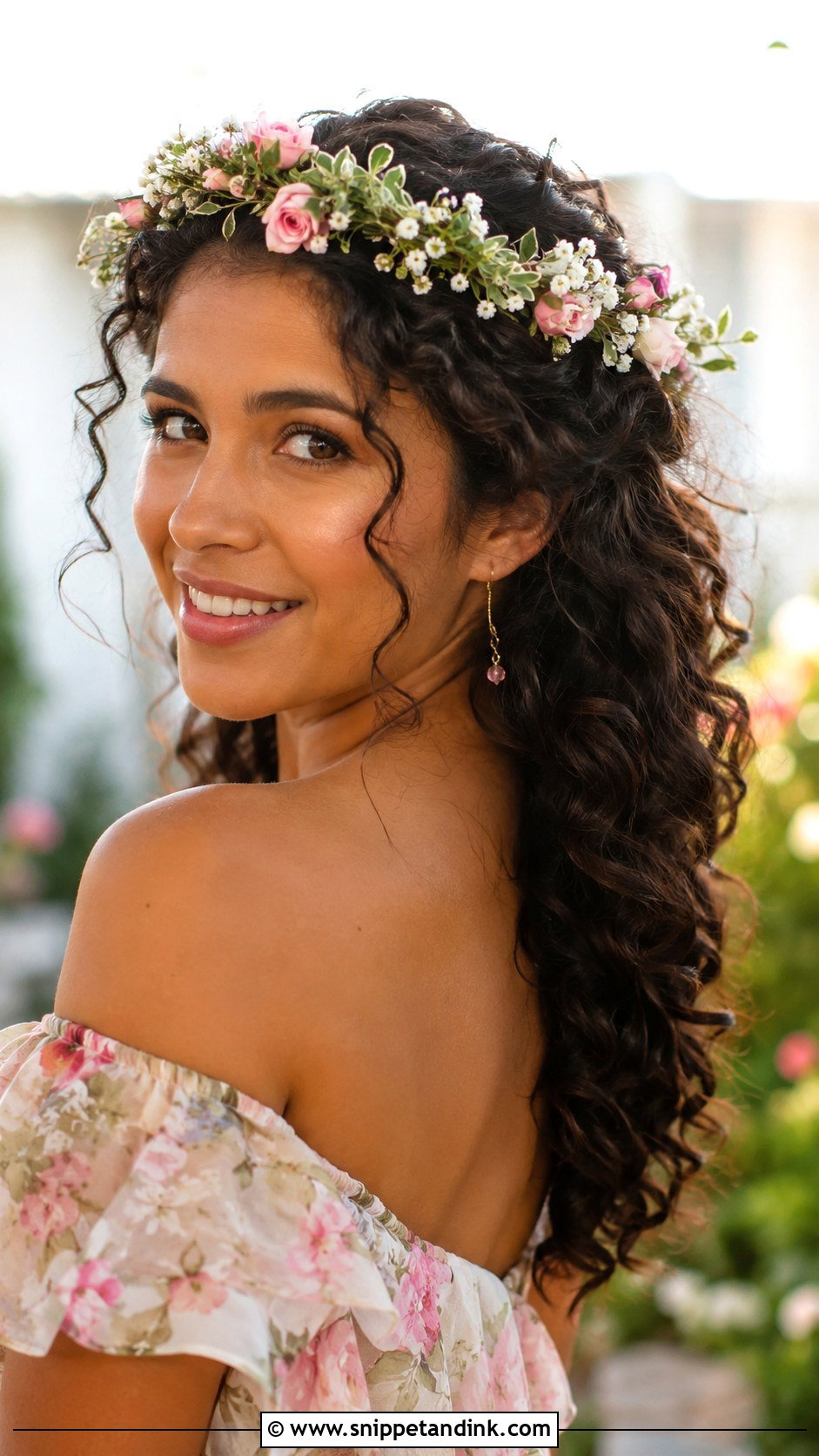 Curly Hair with Flower Crown for Wedding Guest - Snippet and Ink - 25 Curly Hair Hairstyles for Wedding Guest
