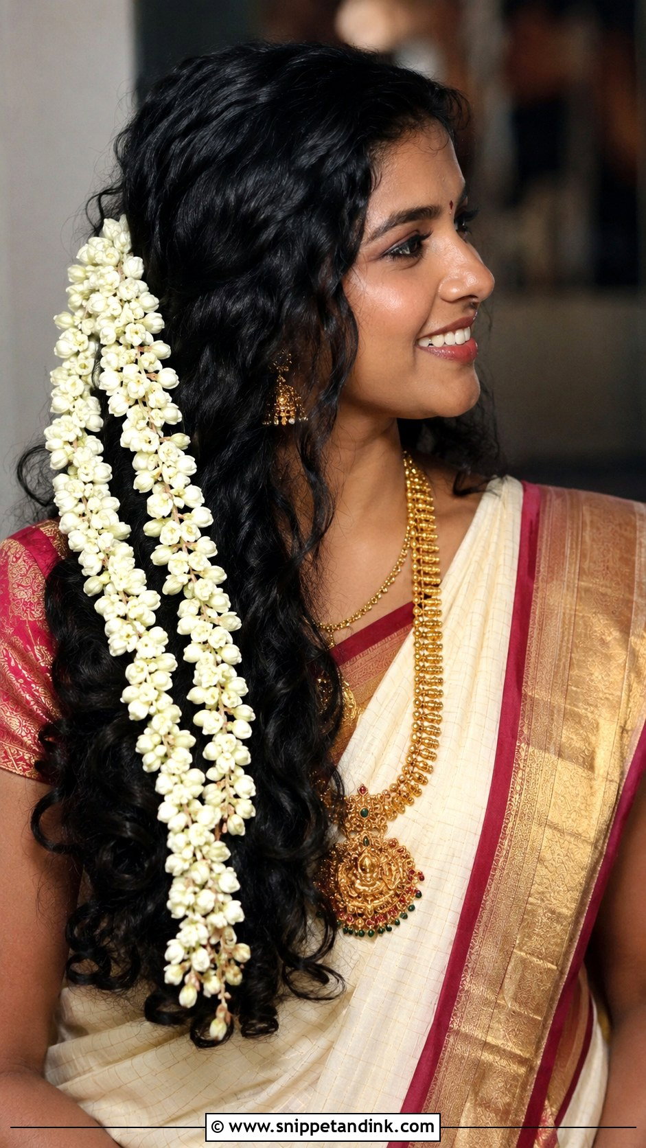 Curly Hair with Gajra for Indian Wedding - Snippet and Ink - 25 Curls Open Hairstyles Indian Wedding