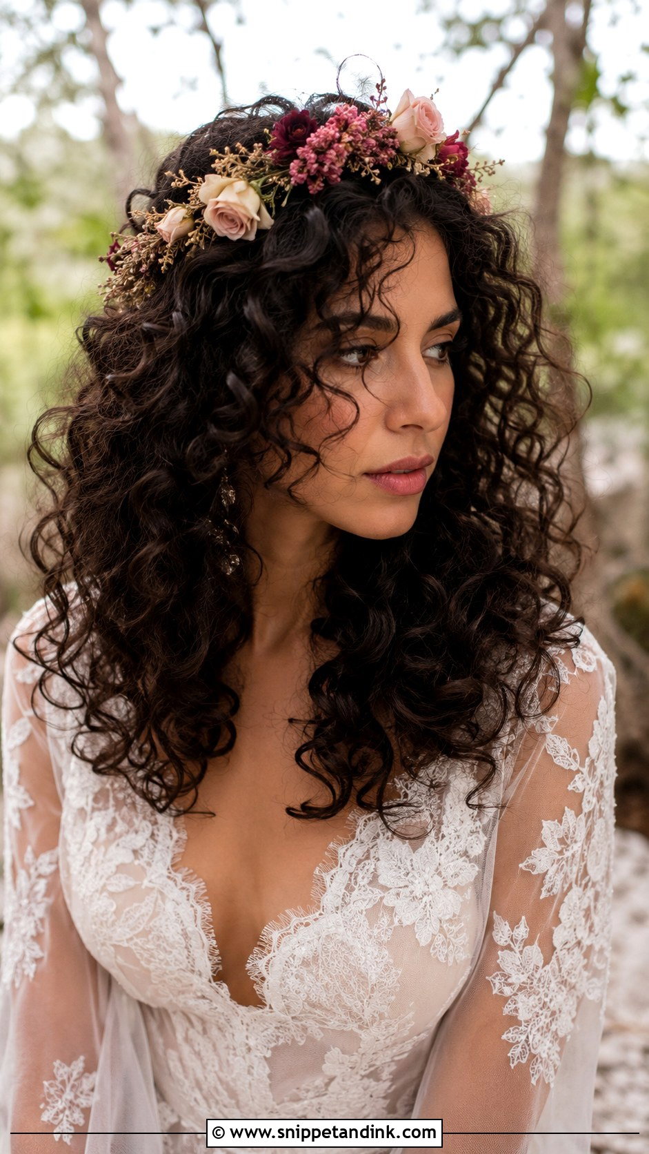 Curly Hairstyle With Flower Crown - Snippet and Ink - 20 Simple Curly Wedding Hairstyles