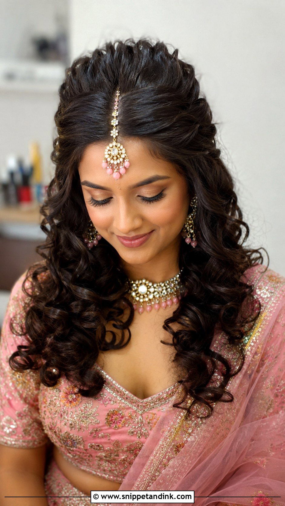 Curly Hairstyle With Maang Tikka For Indian Wedding - Snippet and Ink - 20 Curly Hairstyles for Indian Wedding