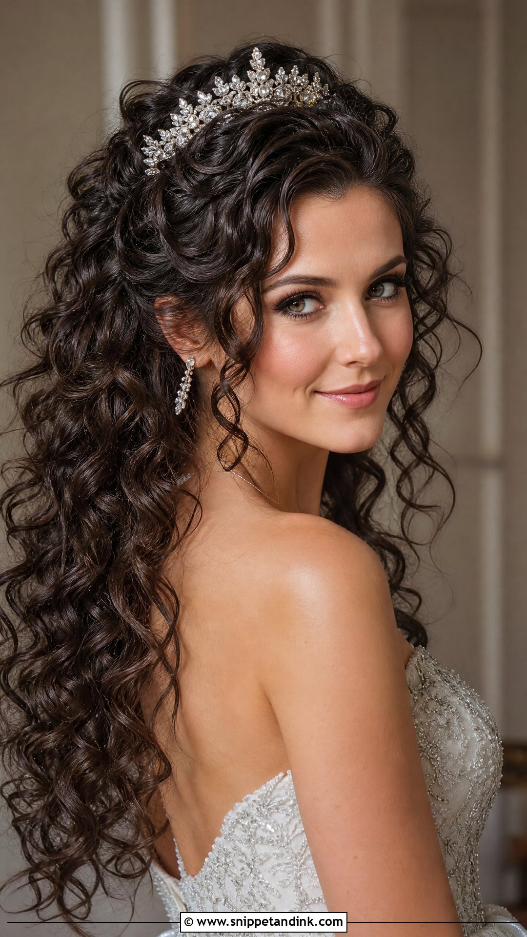 Curly Hairstyle With Tiara or Crown - Snippet and Ink - 20 Long Curly Hair Wedding Styles