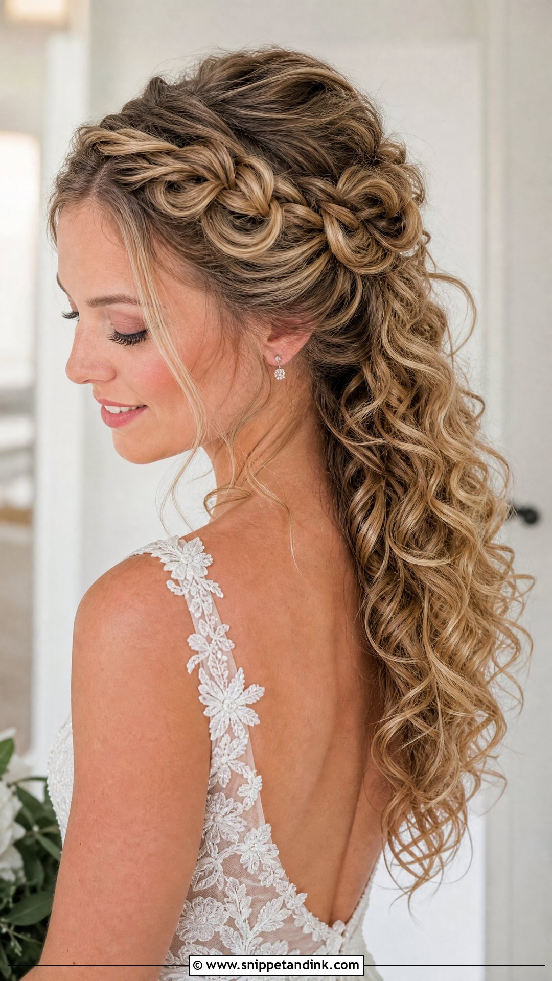 Curly Half Up Bridal Hair With Braid - Snippet and Ink - 20 Naturally Curly Half-Up Bridal Hair Ideas