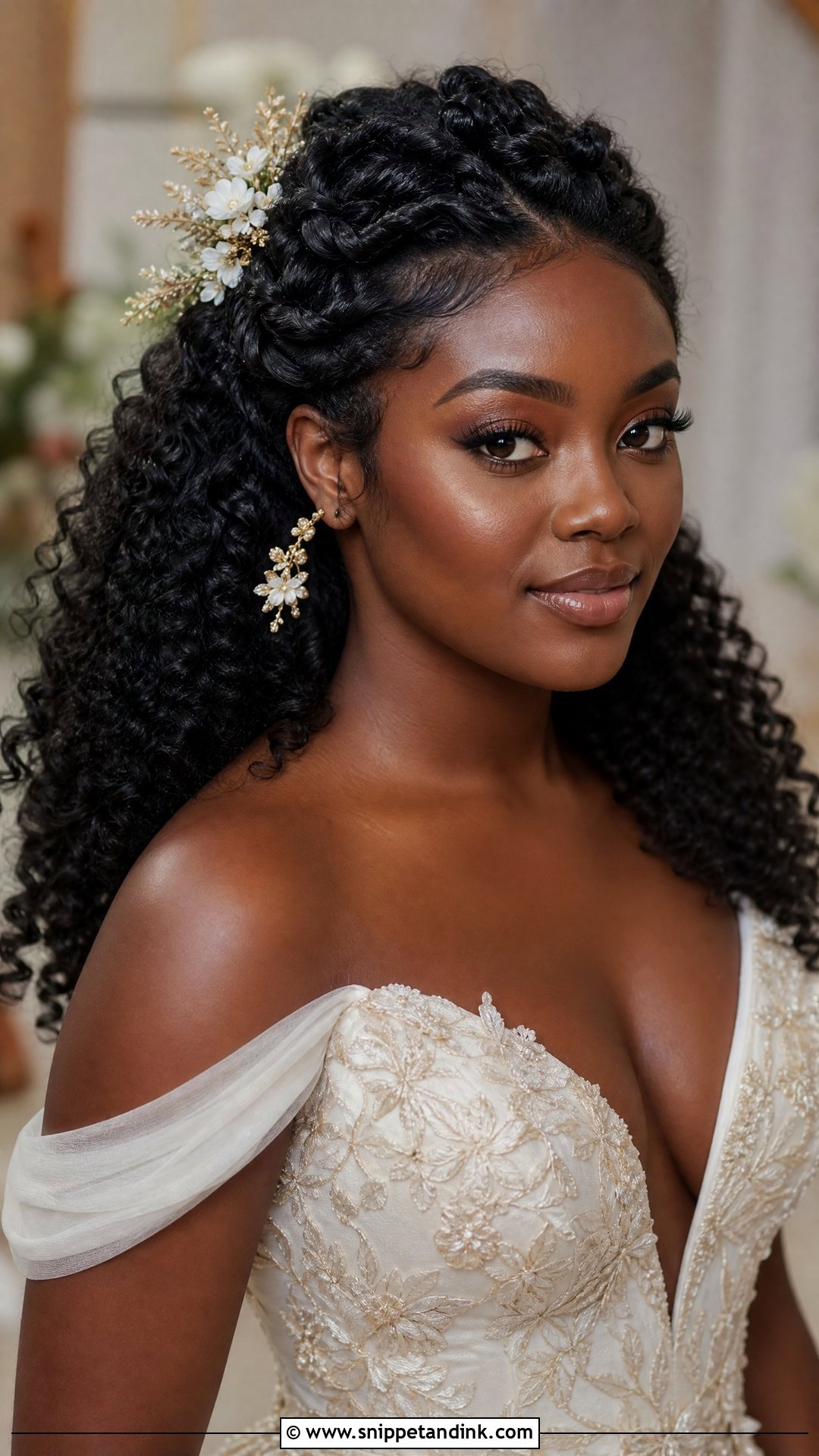 Curly Half Up Bridal Hair With Coily Hair - Snippet and Ink - 20 Naturally Curly Half-Up Bridal Hair Ideas