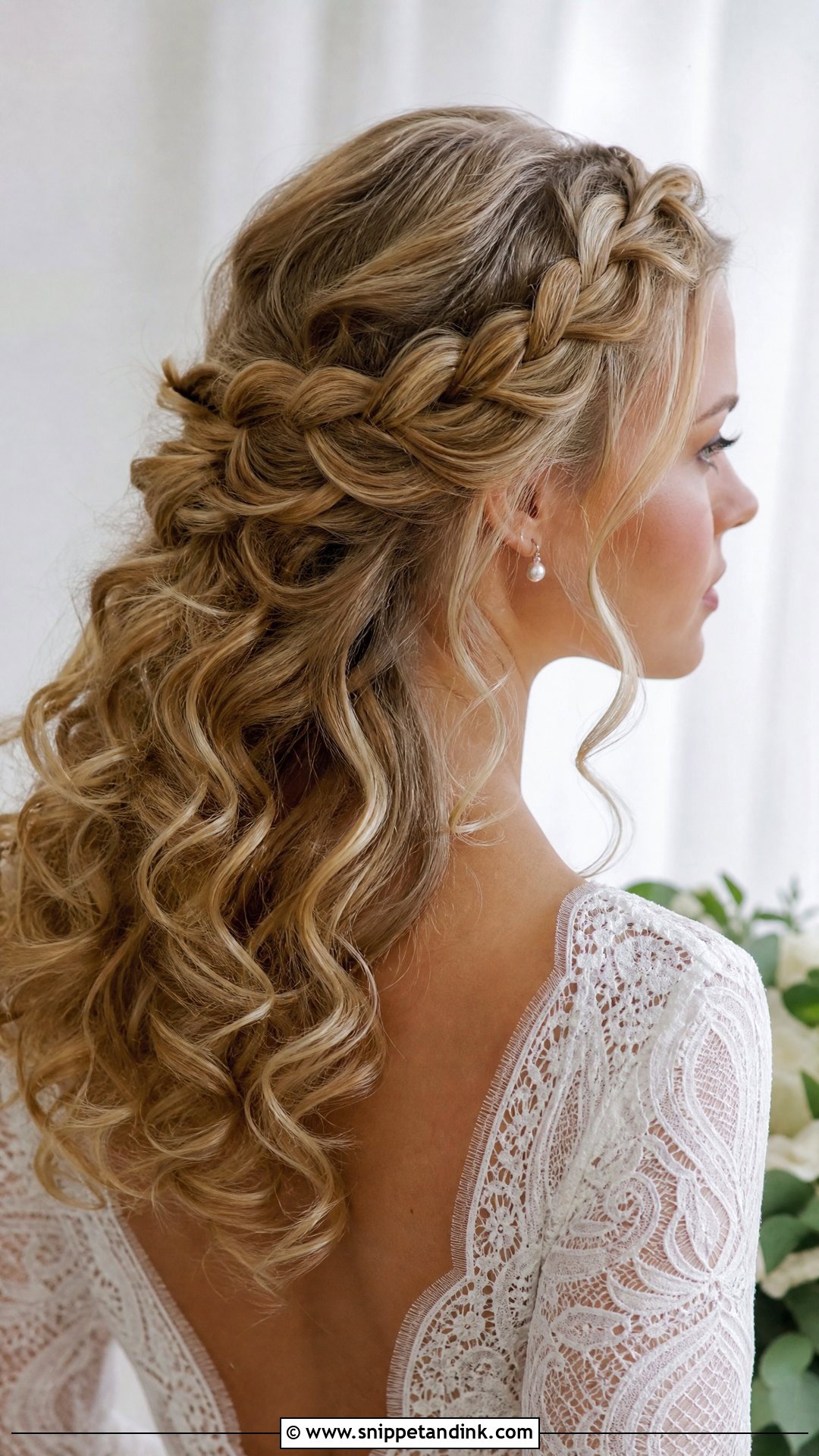 Curly Half Up Bridal Hair With Crown Braid - Snippet and Ink - 15 Curly Half-Up Bridal Hair Ideas