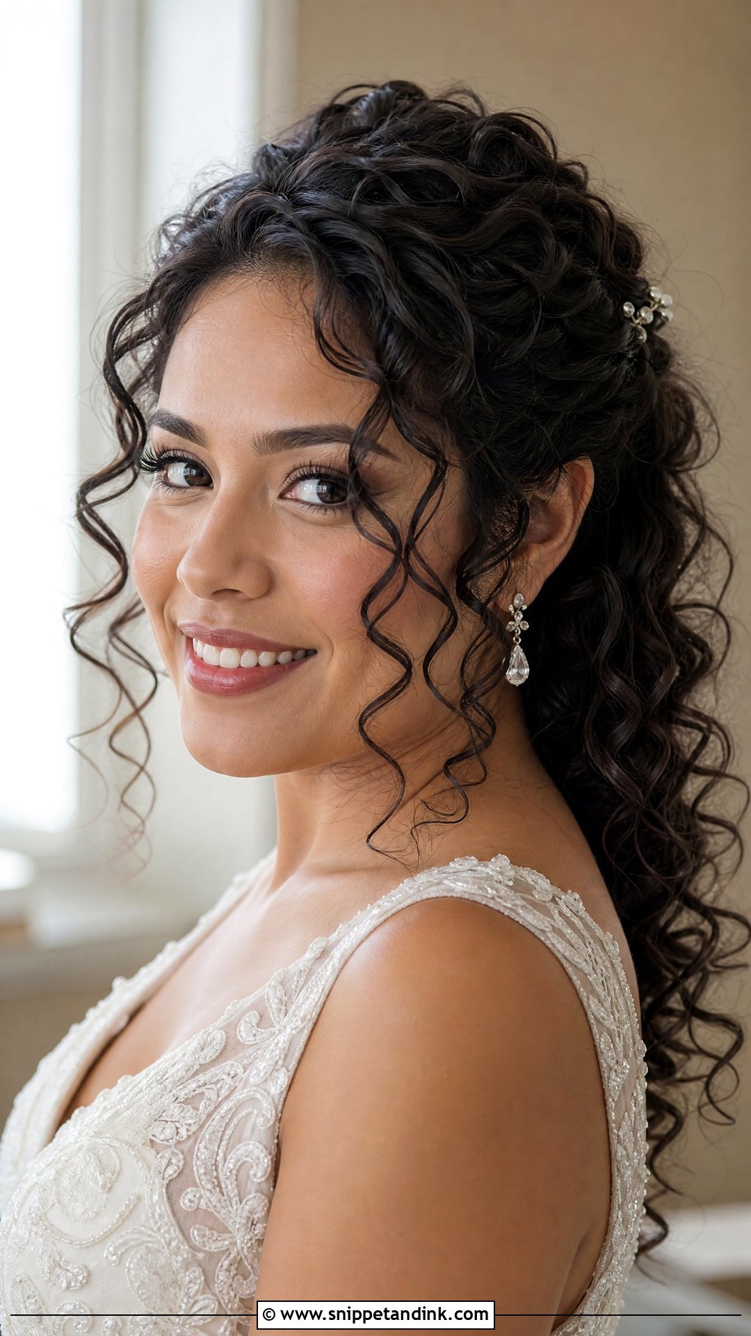 Curly Half Up Bridal Hair With Face Framing Curls - Snippet and Ink - 20 Naturally Curly Half-Up Bridal Hair Ideas