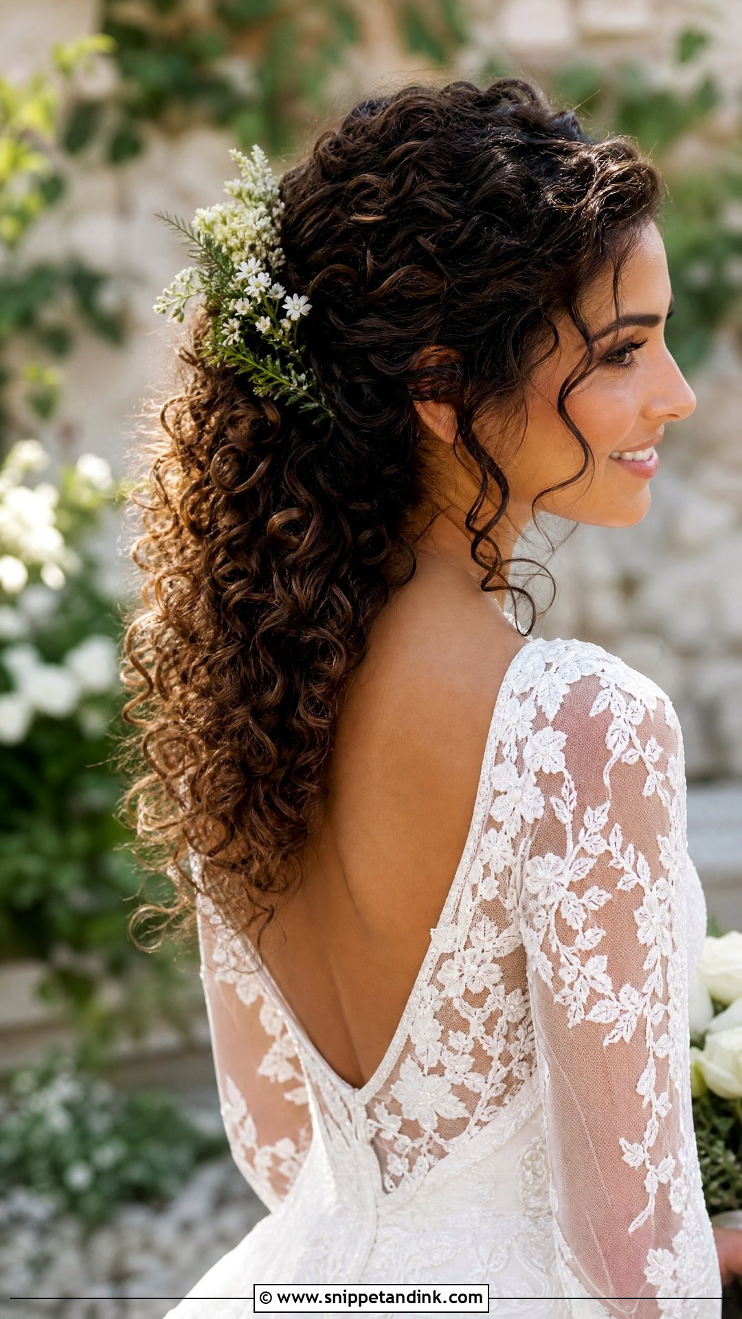 Curly Half Up Bridal Hair With Flowers - Snippet and Ink - 20 Naturally Curly Half-Up Bridal Hair Ideas