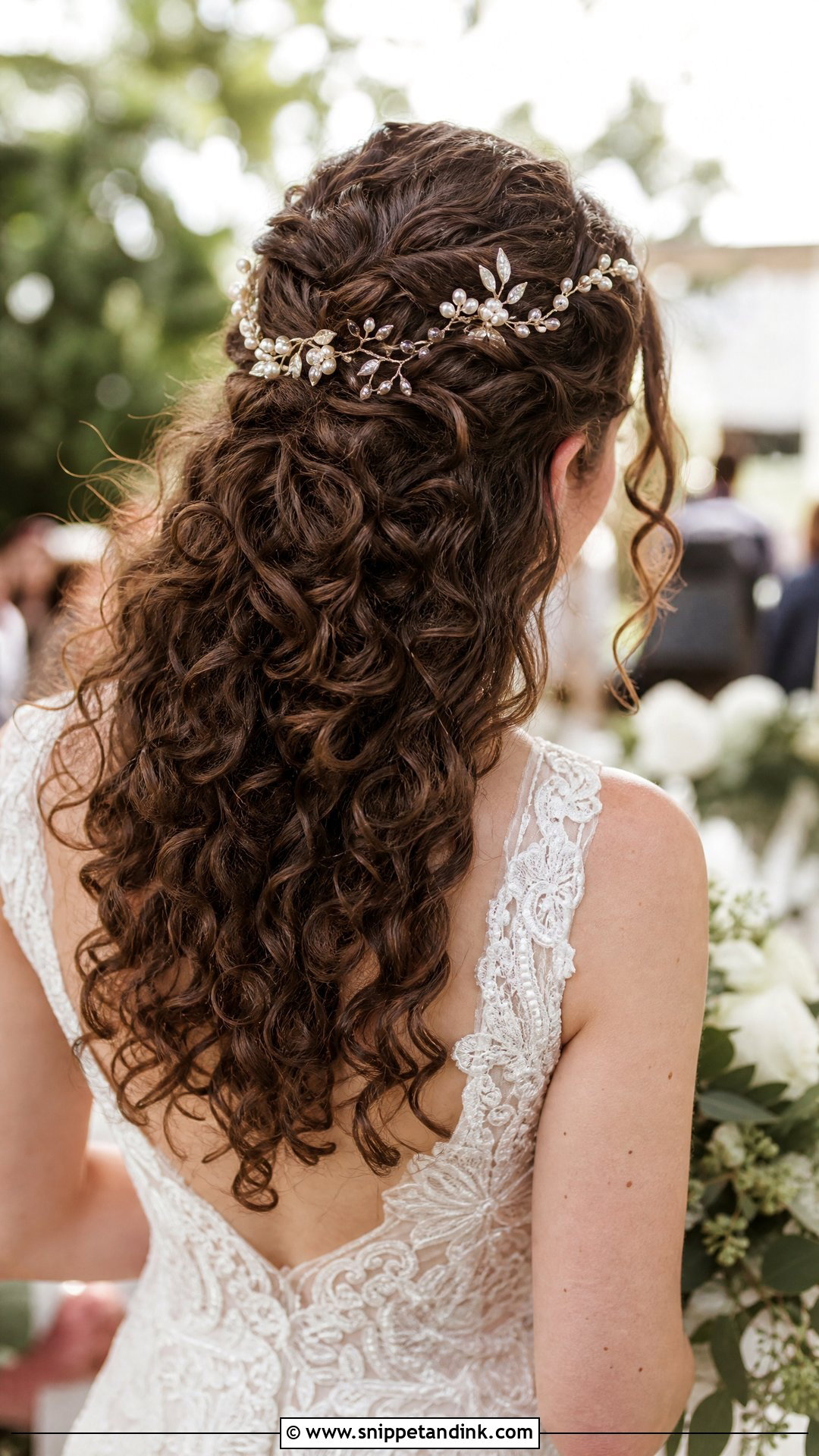 Curly Half Up Bridal Hair With Hair Vine - Snippet and Ink - 20 Naturally Curly Half-Up Bridal Hair Ideas
