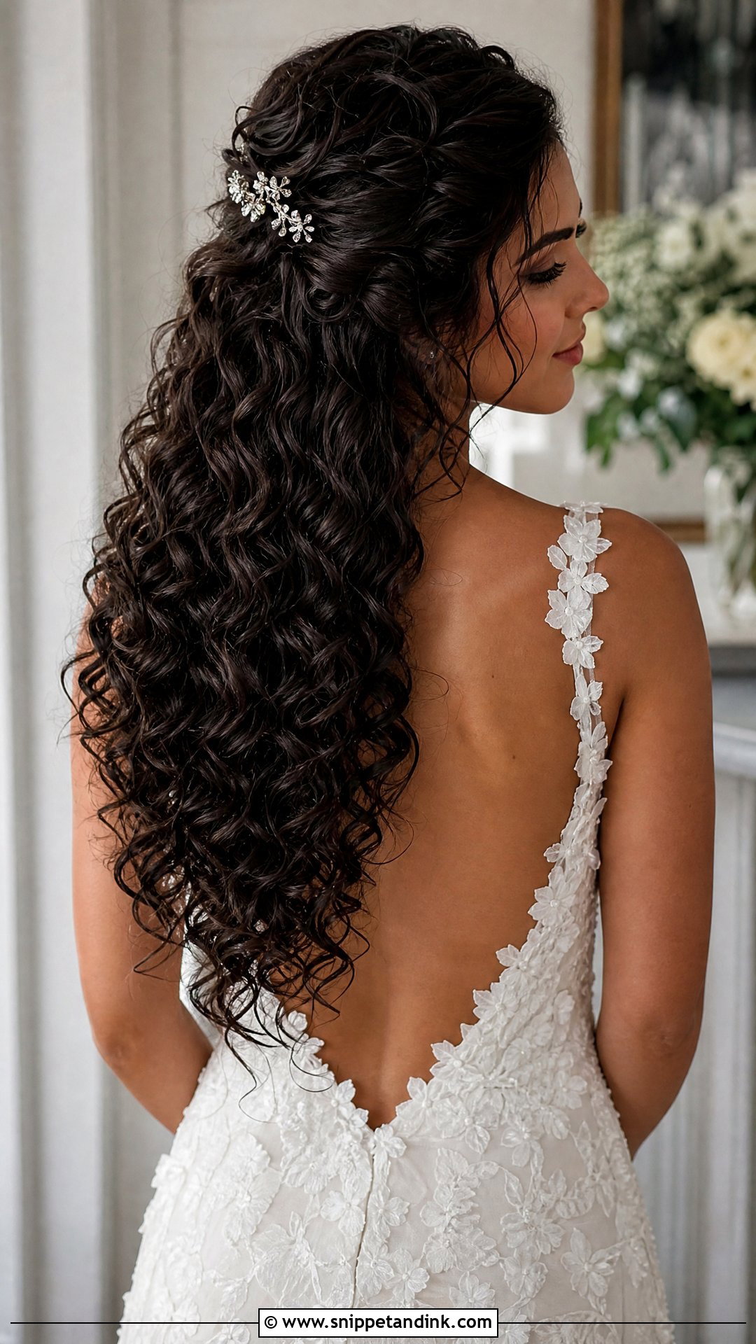 Curly Half Up Bridal Hair With Long Curls - Snippet and Ink - 20 Naturally Curly Half-Up Bridal Hair Ideas