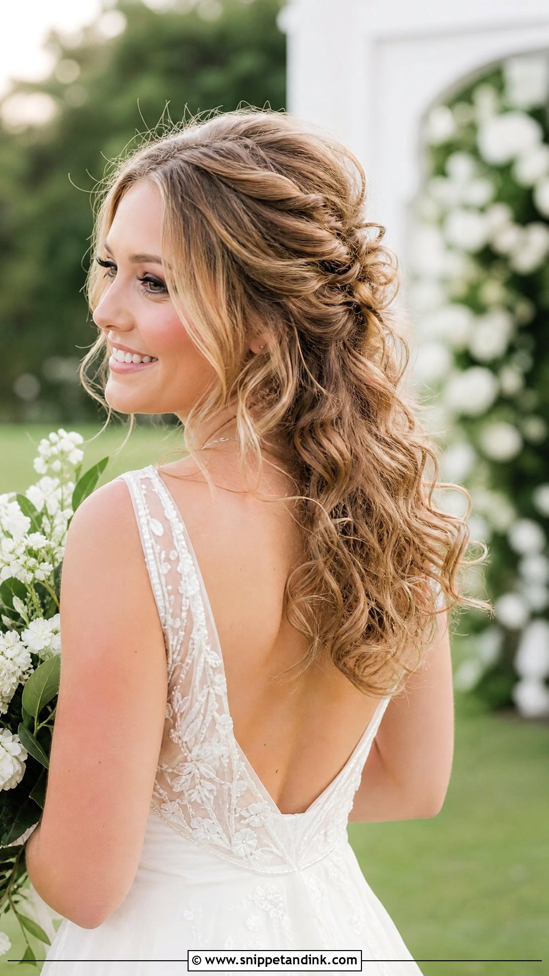 Curly Half Up Bridal Hair With Loose Curls - Snippet and Ink - 20 Naturally Curly Half-Up Bridal Hair Ideas