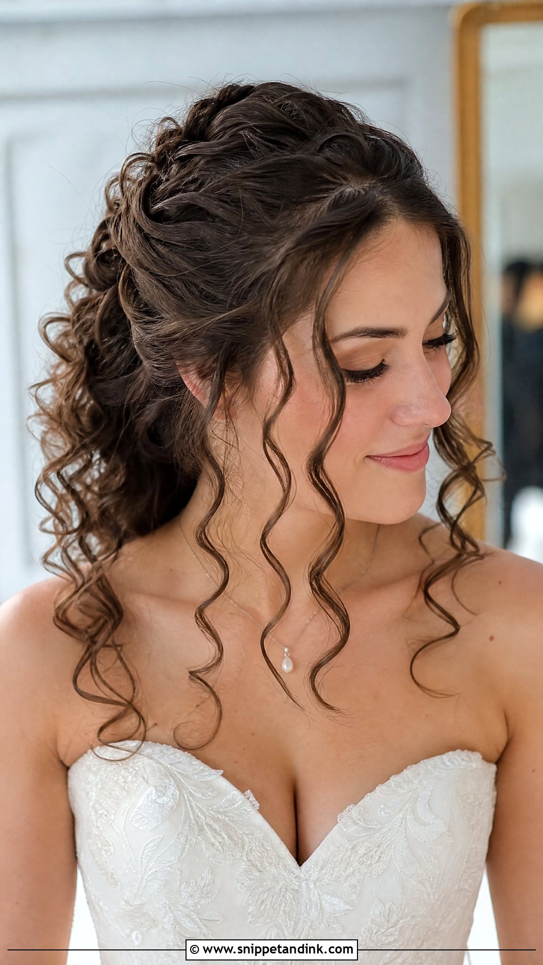 Curly Half Up Bridal Hair With Loose Tendrils - Snippet and Ink - 15 Curly Half-Up Bridal Hair Ideas