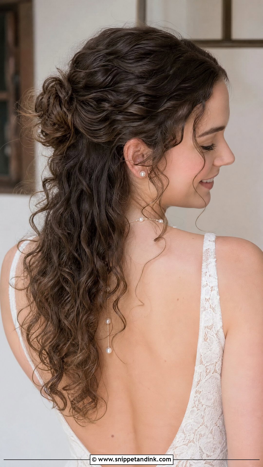 Curly Half Up Bridal Hair With Low Bun - Snippet and Ink - 20 Naturally Curly Half-Up Bridal Hair Ideas