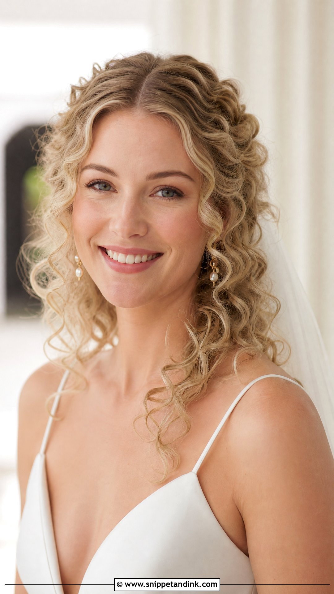 Curly Half Up Bridal Hair With Middle Part - Snippet and Ink - 20 Naturally Curly Half-Up Bridal Hair Ideas