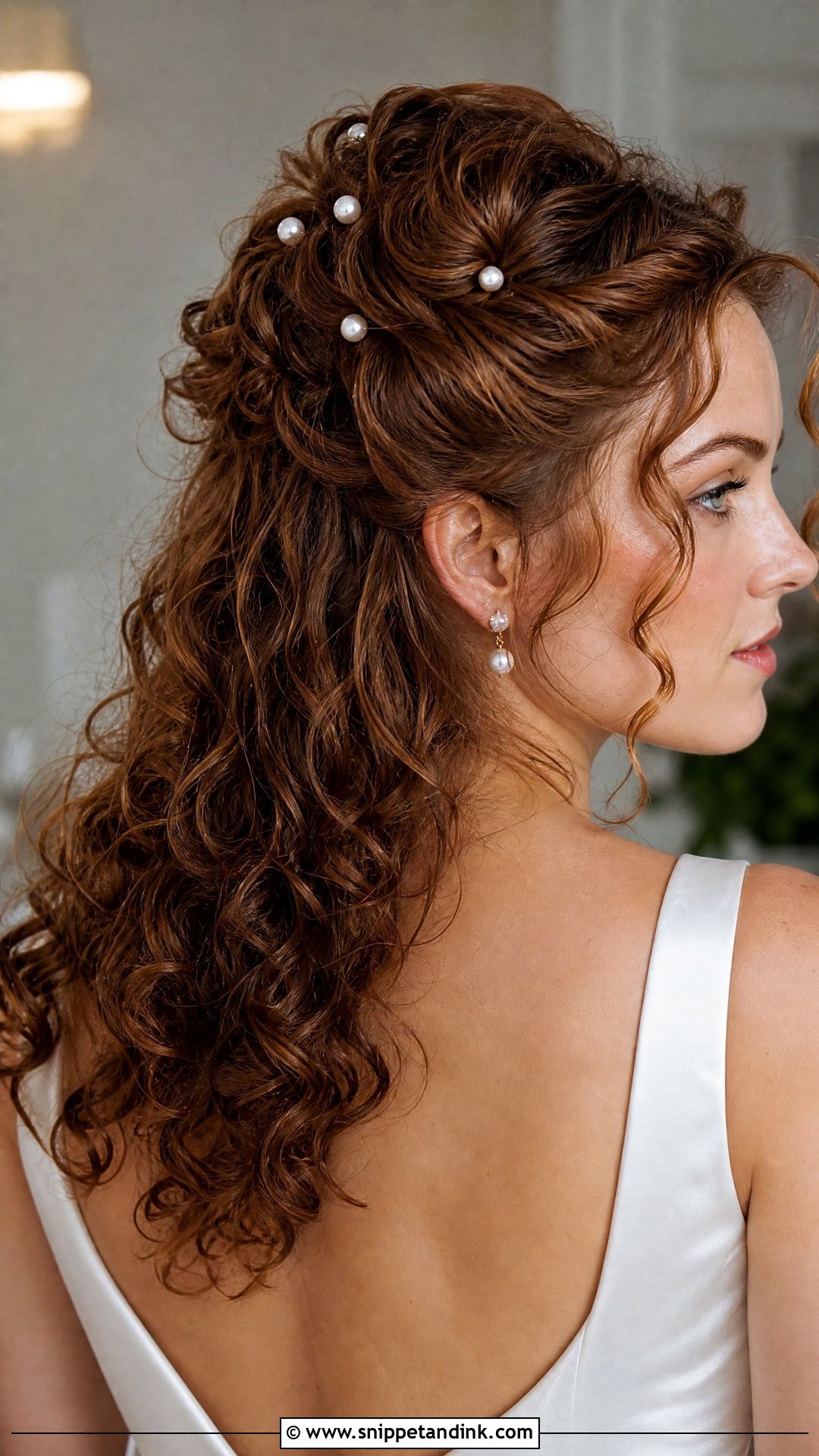 Curly Half Up Bridal Hair With Pearl Pins - Snippet and Ink - 20 Naturally Curly Half-Up Bridal Hair Ideas
