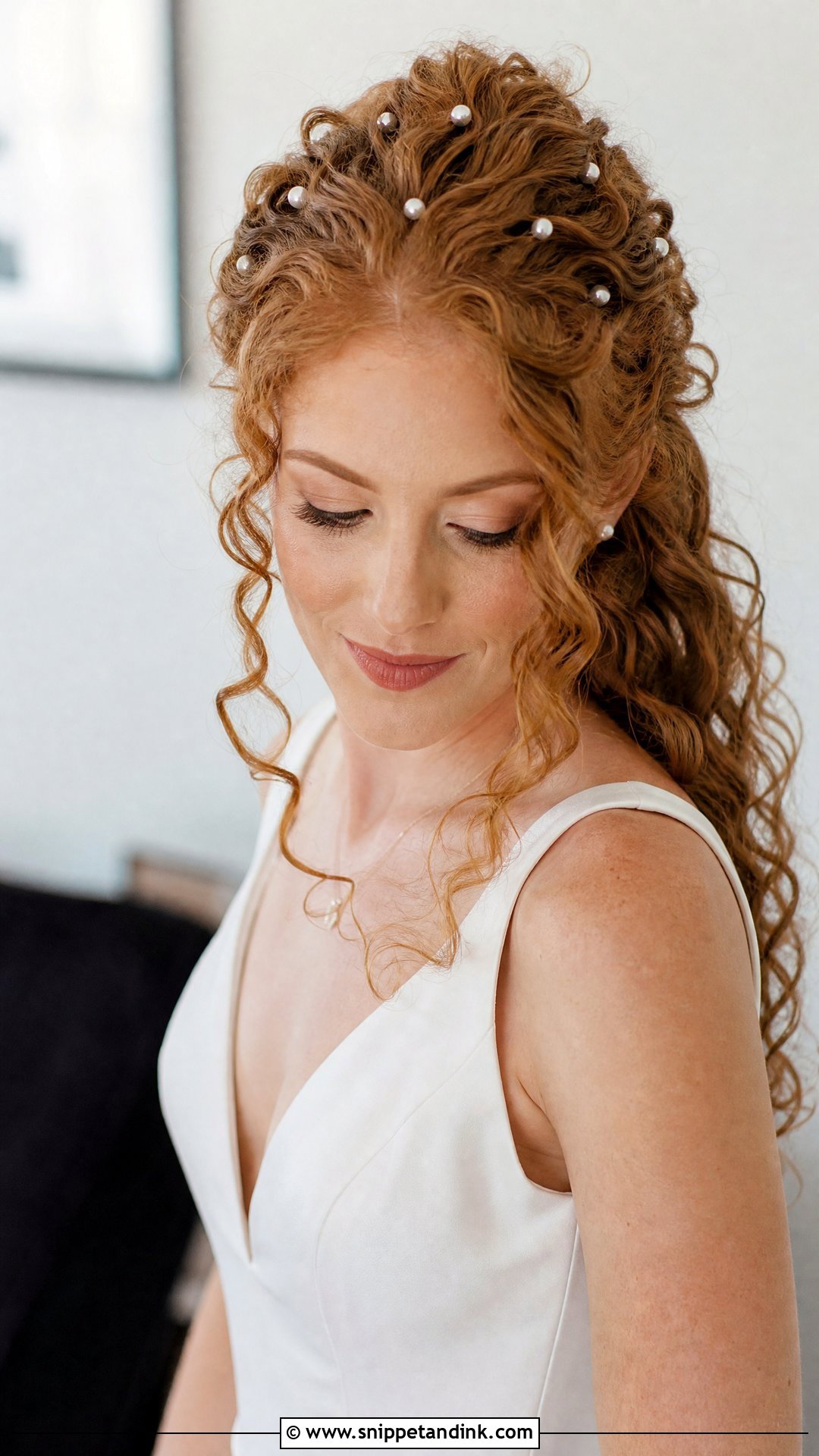 Curly Half Up Bridal Hair With Pearl Pins - Snippet and Ink - 15 Curly Half-Up Bridal Hair Ideas