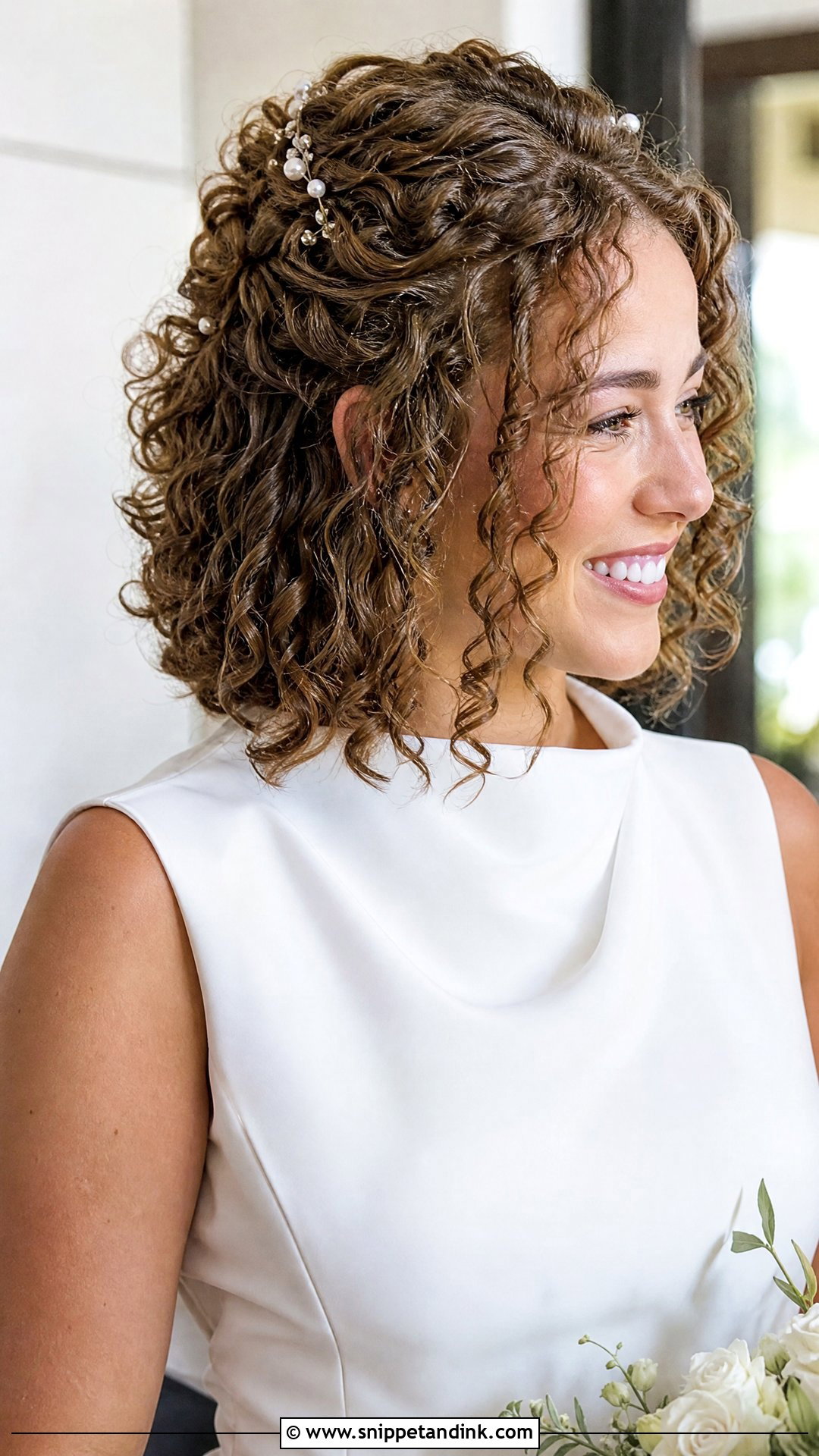 Curly Half Up Bridal Hair With Short Curls - Snippet and Ink - 20 Naturally Curly Half-Up Bridal Hair Ideas