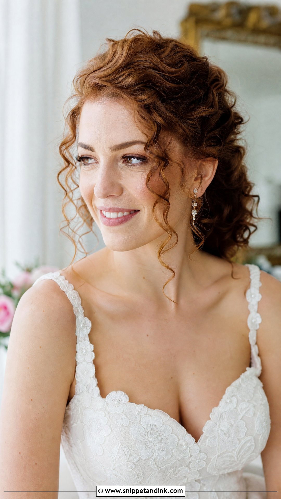 Curly Half Up Bridal Hair With Side Part - Snippet and Ink - 20 Naturally Curly Half-Up Bridal Hair Ideas