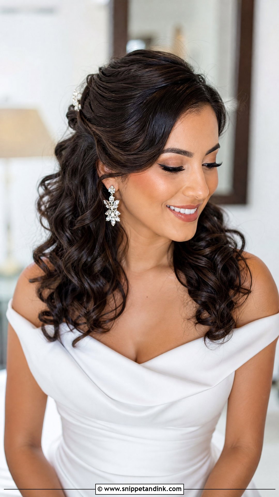 Curly Half Up Bridal Hair With Side Part - Snippet and Ink - 15 Curly Half-Up Bridal Hair Ideas