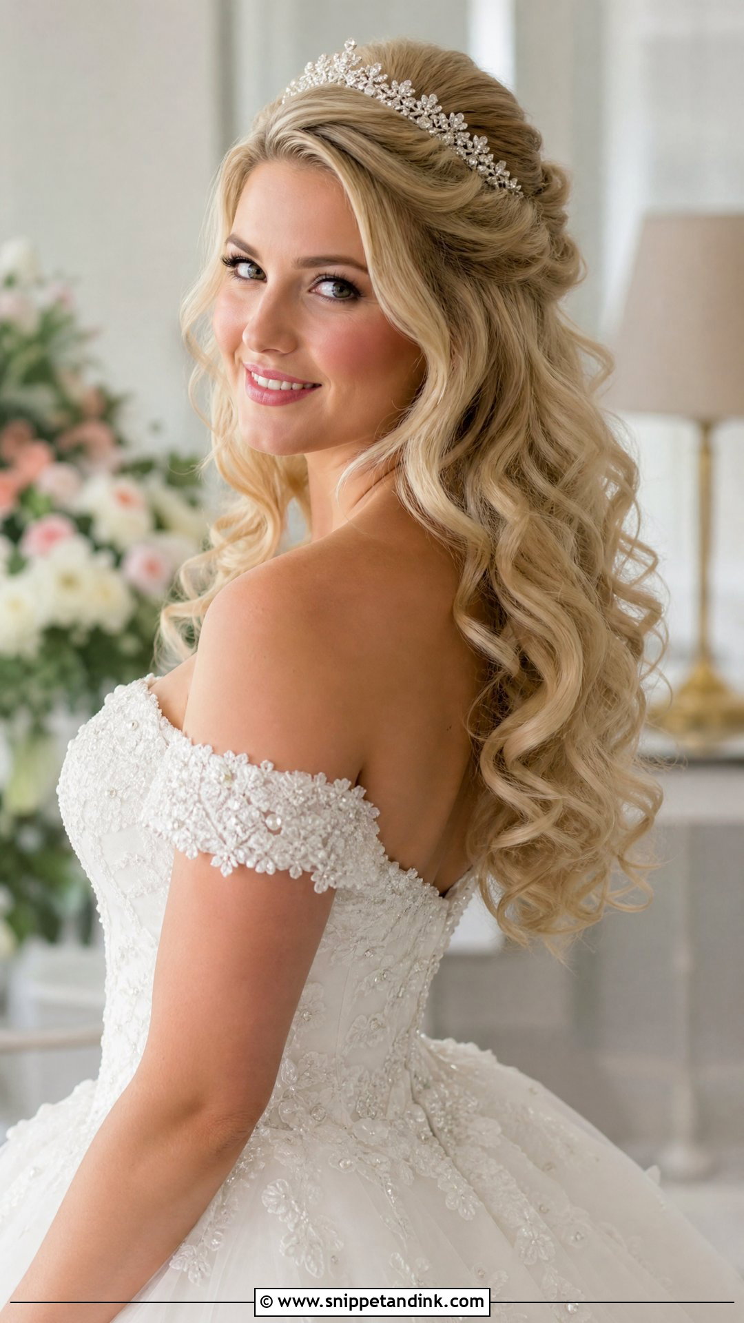 Curly Half Up Bridal Hair With Tiara - Snippet and Ink - 15 Curly Half-Up Bridal Hair Ideas